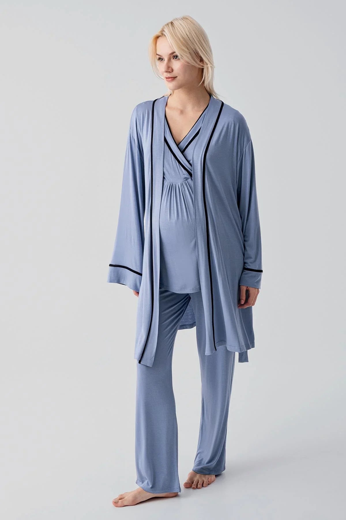 Kısa Kollu Emzirme Bölmeli Ayarlanabilir Bel Esnek Likralı Viskoz Soft Hamile Pijama Takım 19317