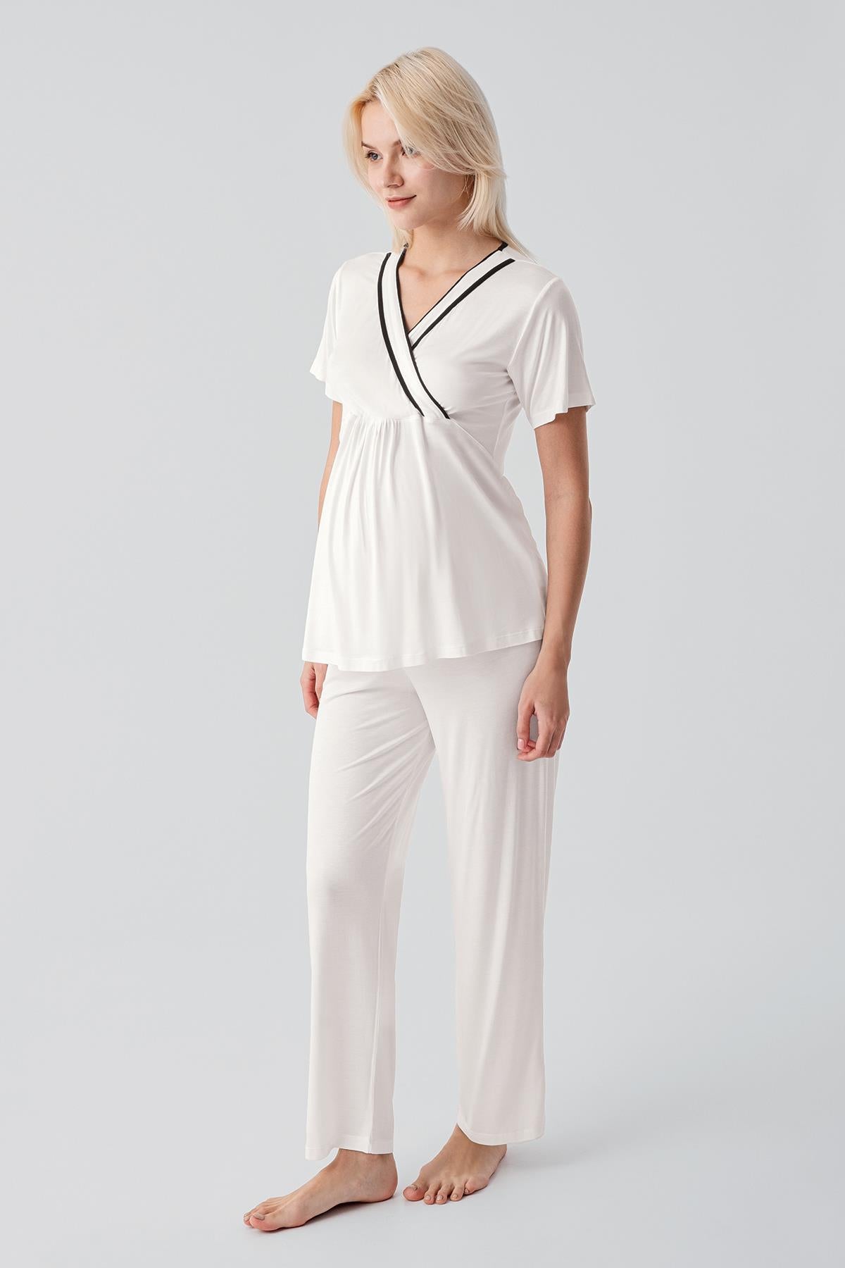 Kısa Kollu Emzirme Bölmeli Ayarlanabilir Bel Esnek Viskoz Hamile Pijama Takım 19217 - Artış Collection