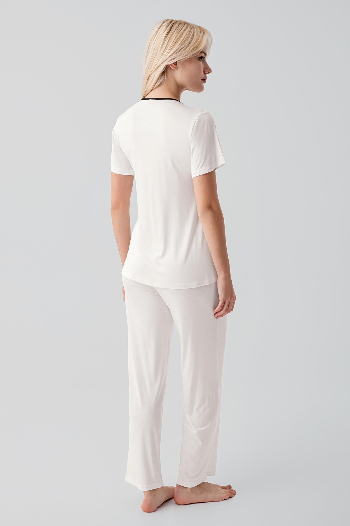 Kısa Kollu Emzirme Bölmeli Ayarlanabilir Bel Esnek Viskoz Hamile Pijama Takım 19217 - Artış Collection