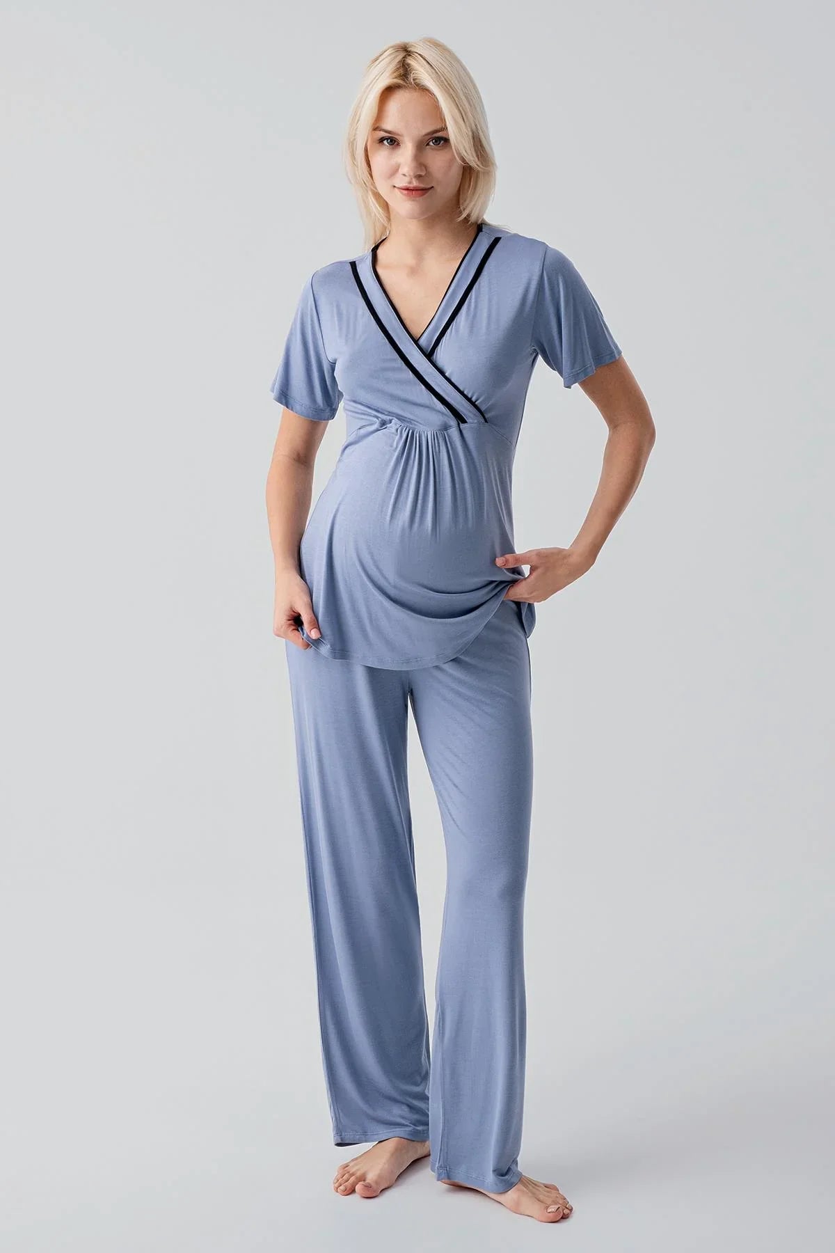 Kısa Kollu Emzirme Bölmeli Ayarlanabilir Bel Esnek Likralı Viskoz Soft Hamile Pijama Takım 19217