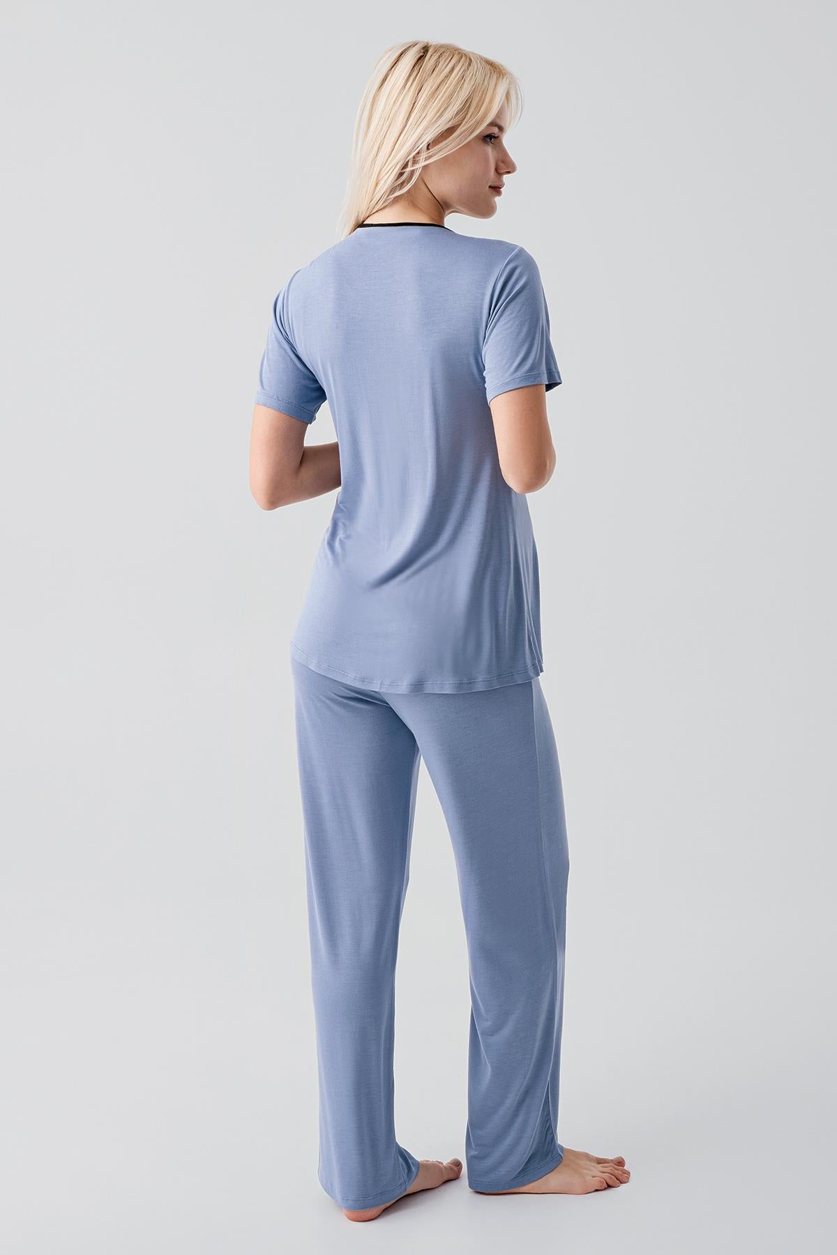 Kısa Kollu Emzirme Bölmeli Ayarlanabilir Bel Esnek Viskoz Hamile Pijama Takım 19217 - Artış Collection