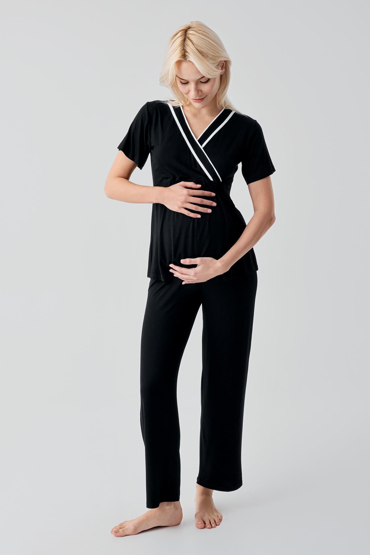 Kısa Kollu Emzirme Bölmeli Ayarlanabilir Bel Esnek Viskoz Hamile Pijama Takım 19217 - Artış Collection