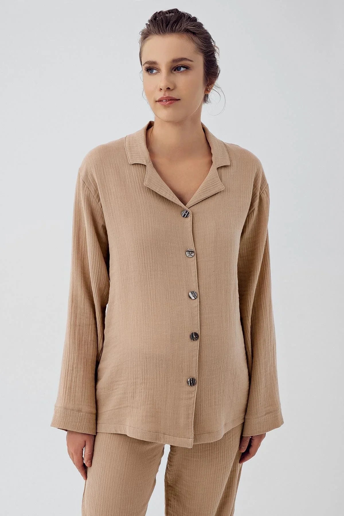 Çift Katlı Müslin Pamuklu Ayarlanabilir Yüksek Bel Düğmeli Gömlek Yaka Hamile Pijama Takım M210 - Artış Collection