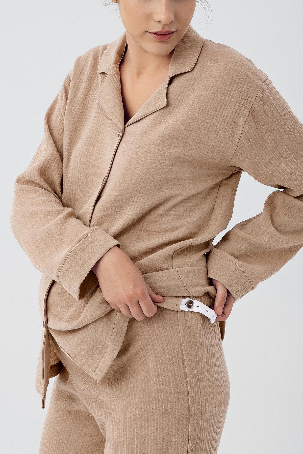 Çift Katlı Müslin Pamuklu Ayarlanabilir Yüksek Bel Düğmeli Gömlek Yaka Hamile Pijama Takım M210 - Artış Collection