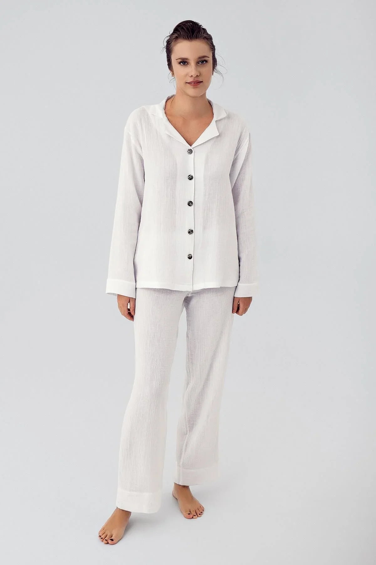 Çift Katlı Müslin Pamuklu Ayarlanabilir Yüksek Bel Düğmeli Gömlek Yaka Hamile Pijama Takım M210 - Artış Collection