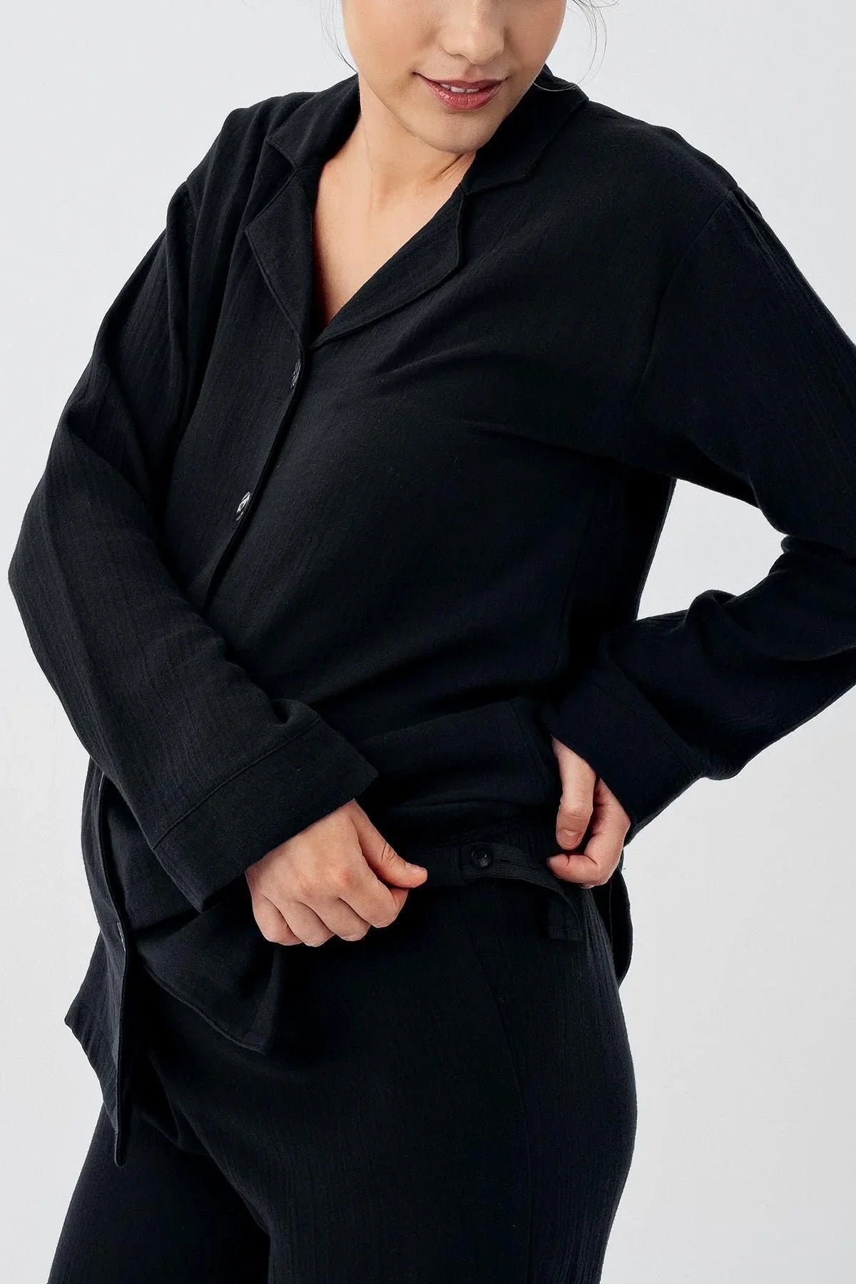 Çift Katlı Müslin Pamuklu Ayarlanabilir Yüksek Bel Düğmeli Gömlek Yaka Hamile Pijama Takım M210 - Artış Collection
