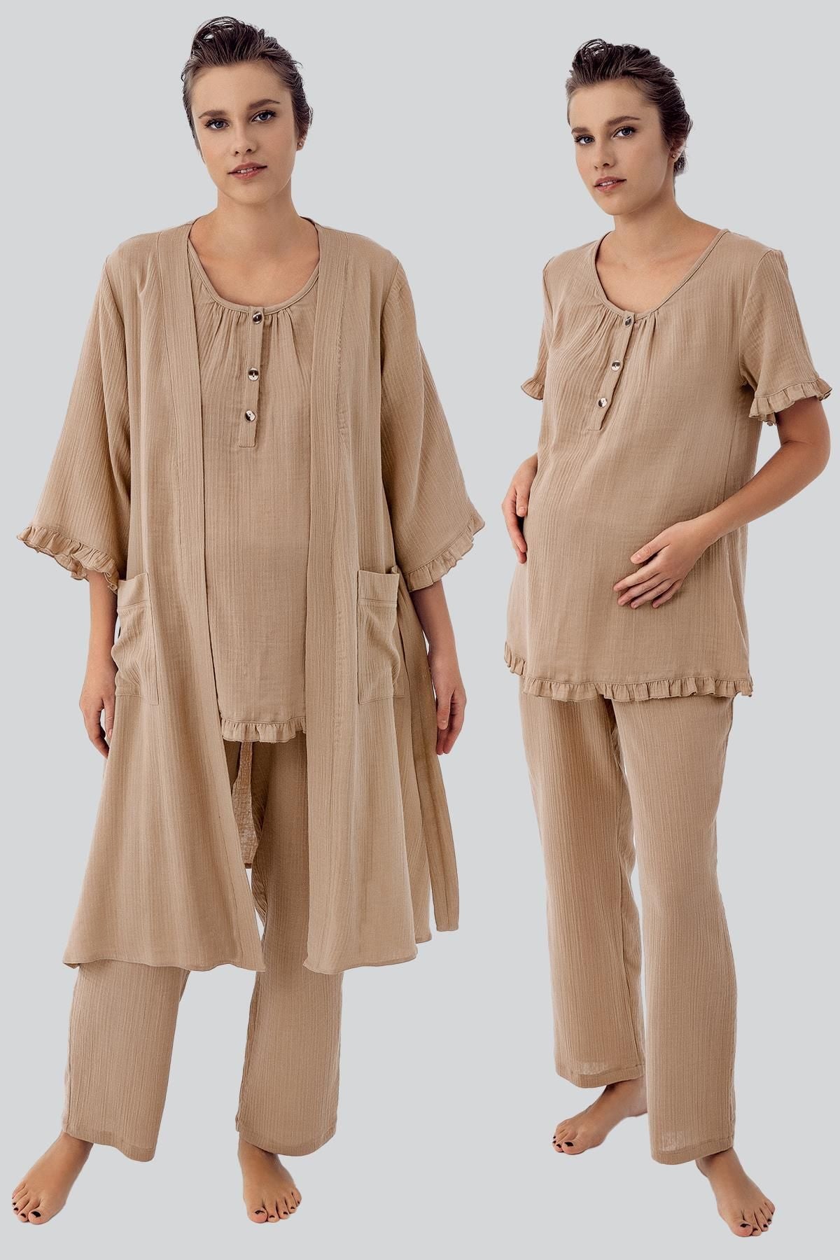 Çift Katlı Müslin Pamuklu Ayarlanabilir Yüksek Bel Düğmeli Hamile Sabahlık Pijama Takım M308