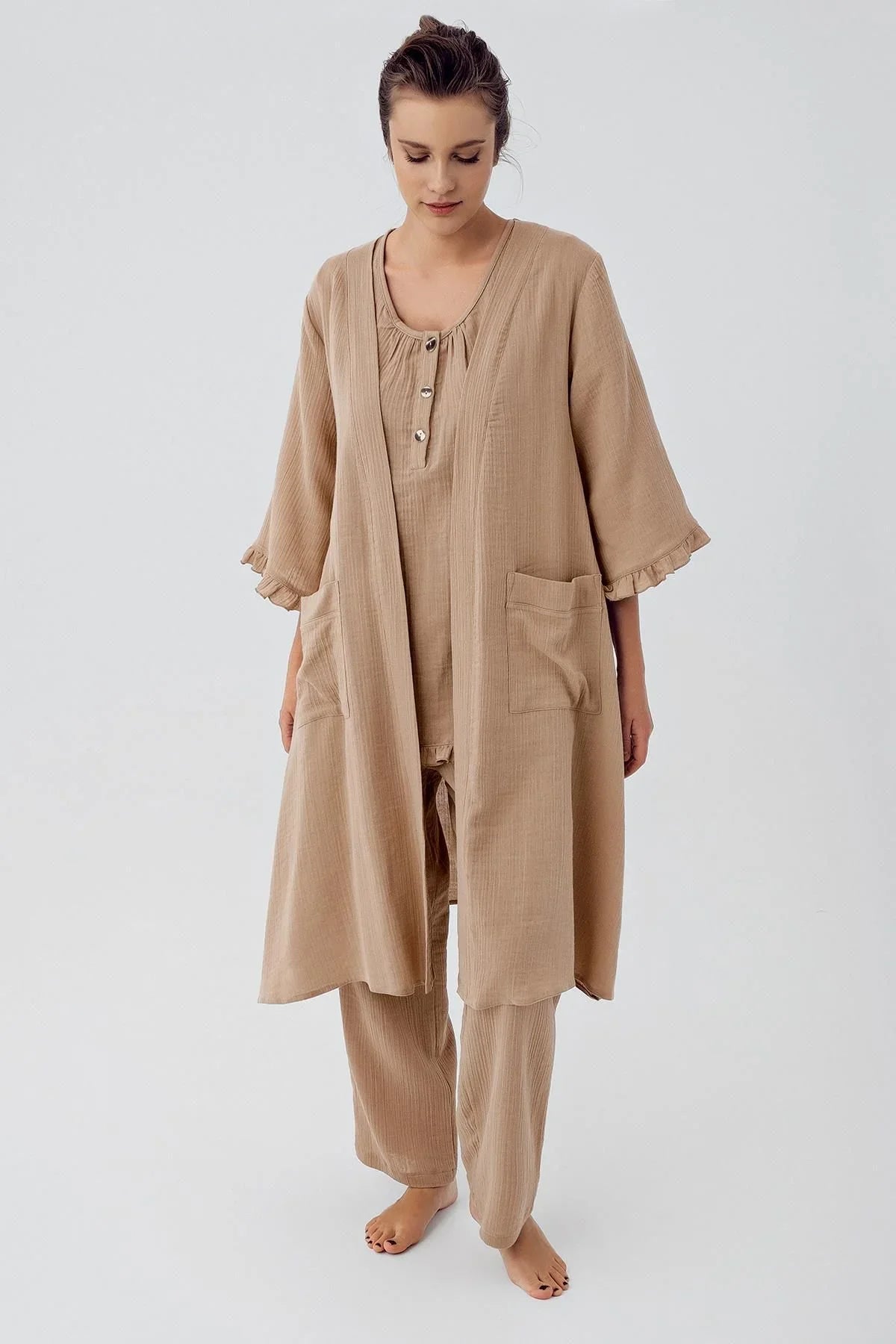 Çift Katlı Müslin Pamuklu Ayarlanabilir Yüksek Bel Düğmeli Hamile Sabahlık Pijama Takım M308