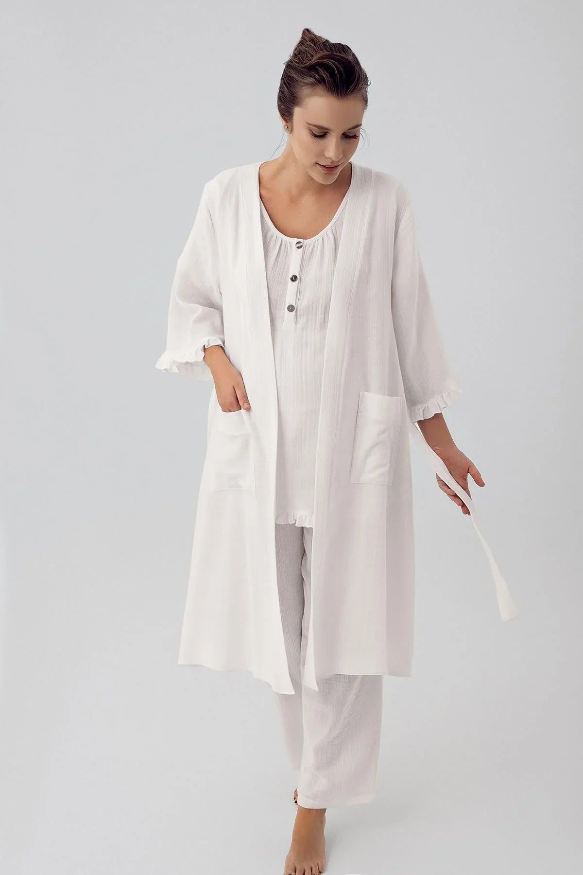 Çift Katlı Müslin Pamuklu Ayarlanabilir Yüksek Bel Düğmeli Hamile Sabahlık Pijama Takım M308 - Artış Collection