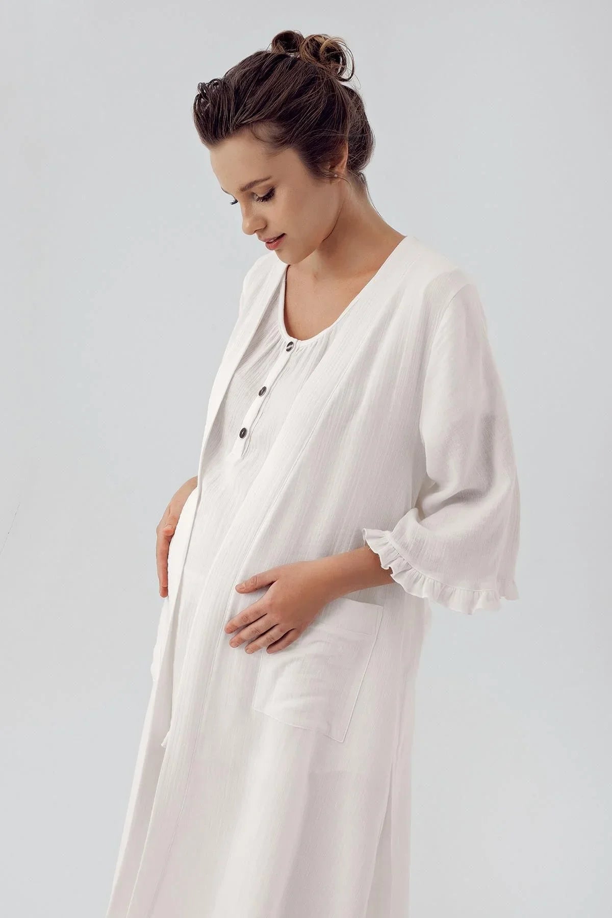 Çift Katlı Müslin Pamuklu Ayarlanabilir Yüksek Bel Düğmeli Hamile Sabahlık Pijama Takım M308 - Artış Collection