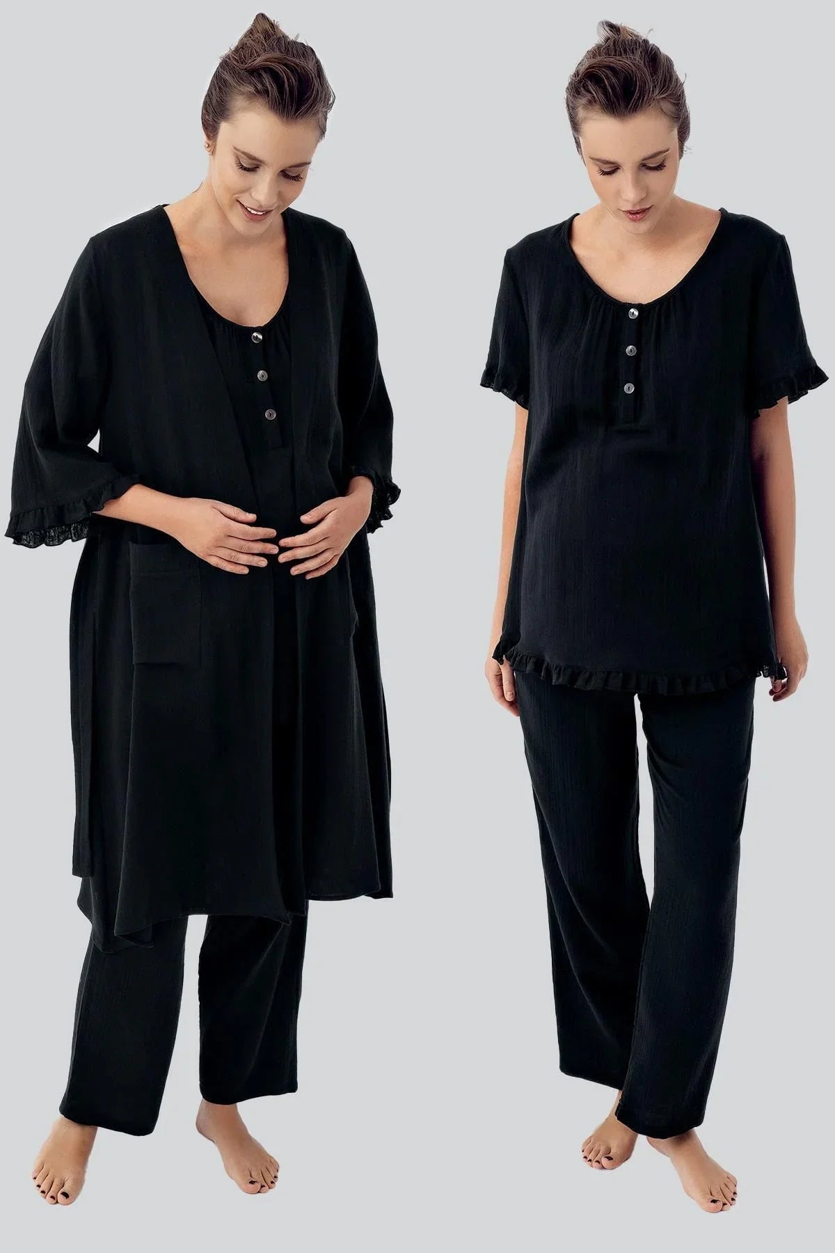 Çift Katlı Müslin Pamuklu Ayarlanabilir Yüksek Bel Düğmeli Hamile Sabahlık Pijama Takım M308 - Artış Collection