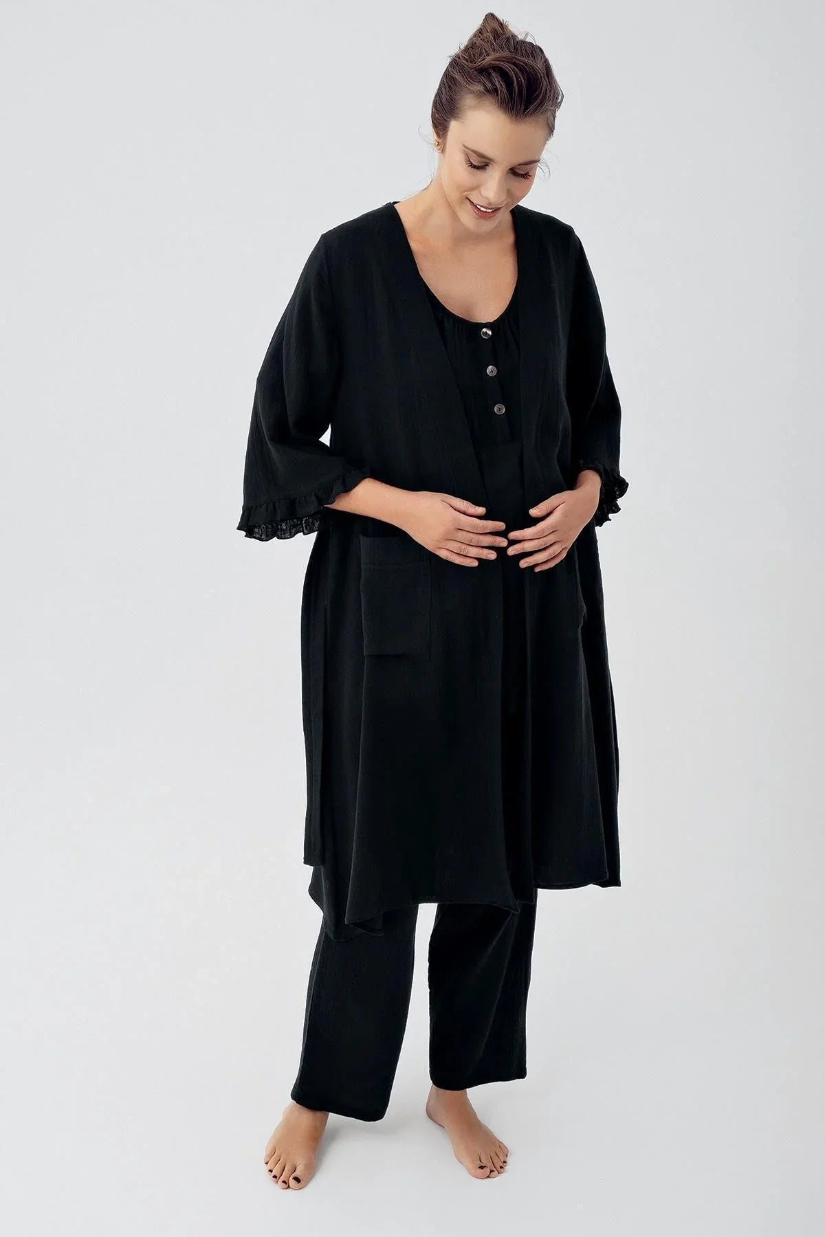 Çift Katlı Müslin Pamuklu Ayarlanabilir Yüksek Bel Düğmeli Hamile Sabahlık Pijama Takım M308 - Artış Collection