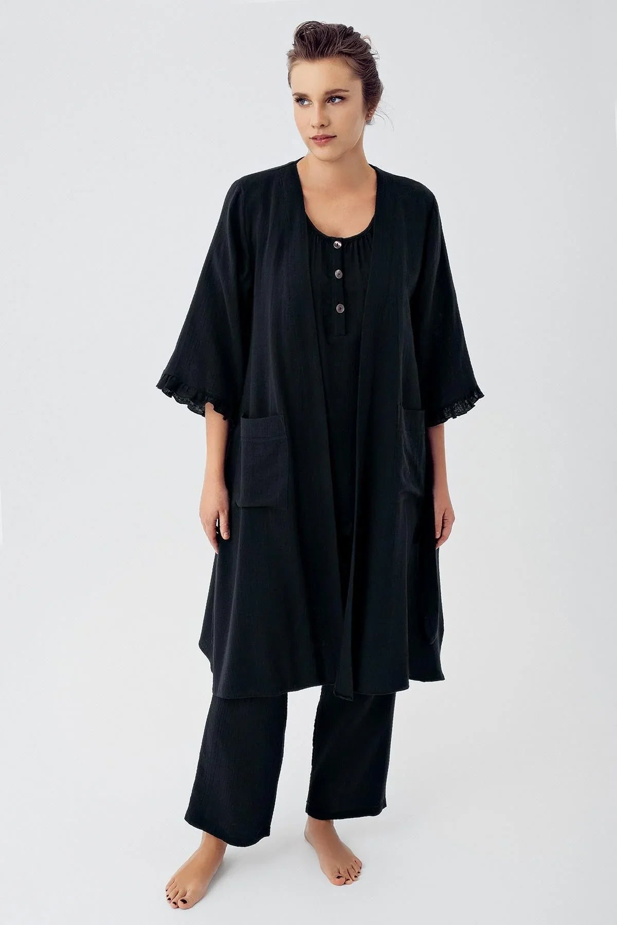 Çift Katlı Müslin Pamuklu Ayarlanabilir Yüksek Bel Düğmeli Hamile Sabahlık Pijama Takım M308 - Artış Collection