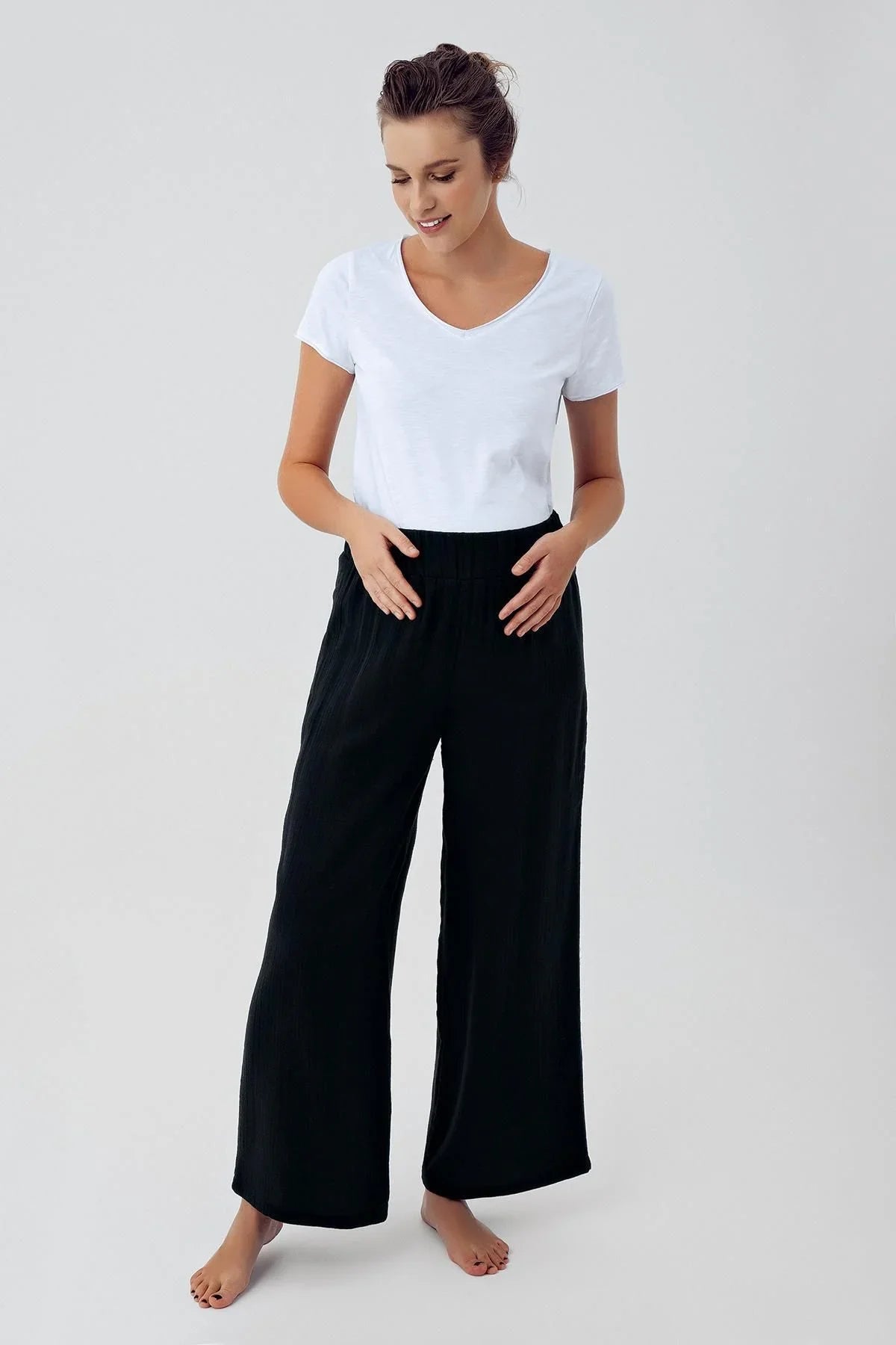 Çift Katlı Müslin Pamuklu Yüksek Bel Hamile Pantolon M209