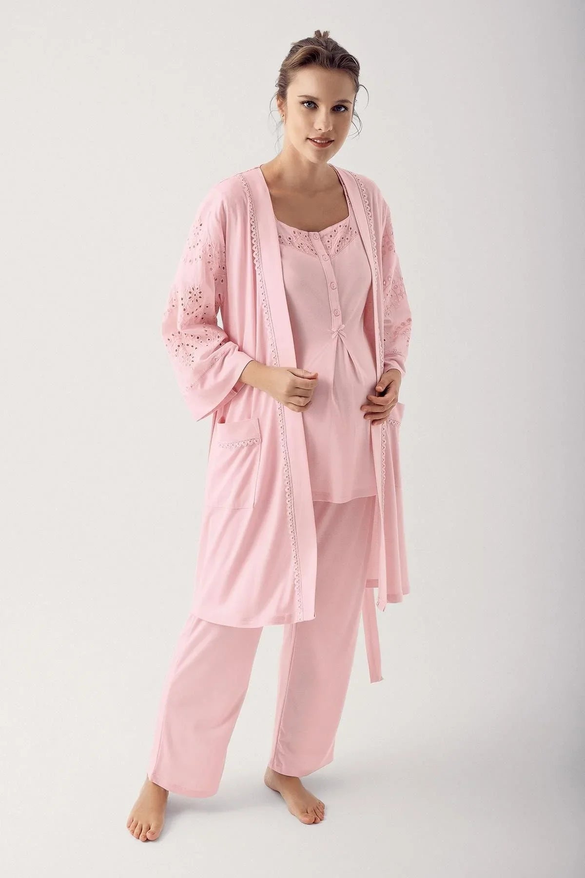 Dantelli Düğmeli Kısa Kollu Esnek Kumaşlı Lohusa Pijama 12305