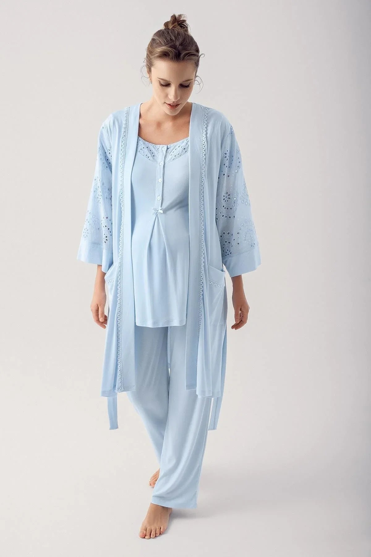 Dantelli Düğmeli Kısa Kollu Esnek Kumaşlı Lohusa Pijama 12305 - Artış Collection