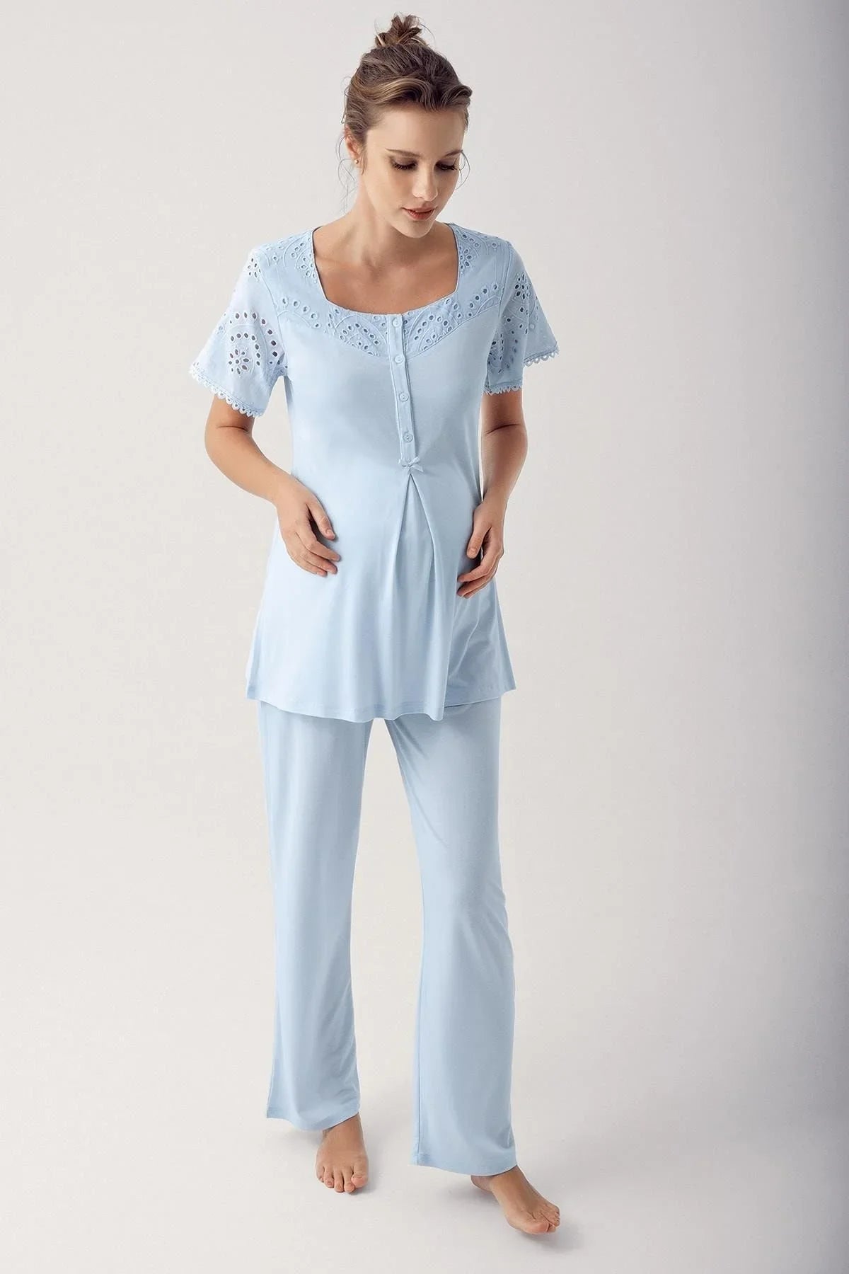 Dantelli Düğmeli Kısa Kollu Esnek Kumaşlı Lohusa Pijama 12305 - Artış Collection