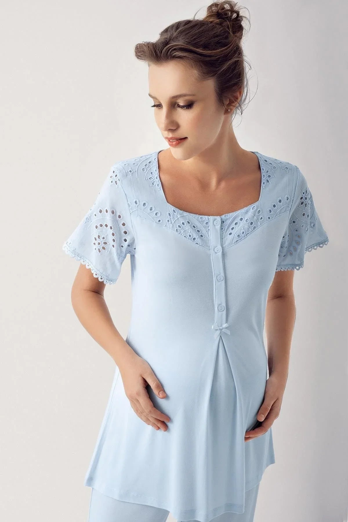Dantelli Düğmeli Kısa Kollu Esnek Kumaşlı Lohusa Pijama 12305 - Artış Collection