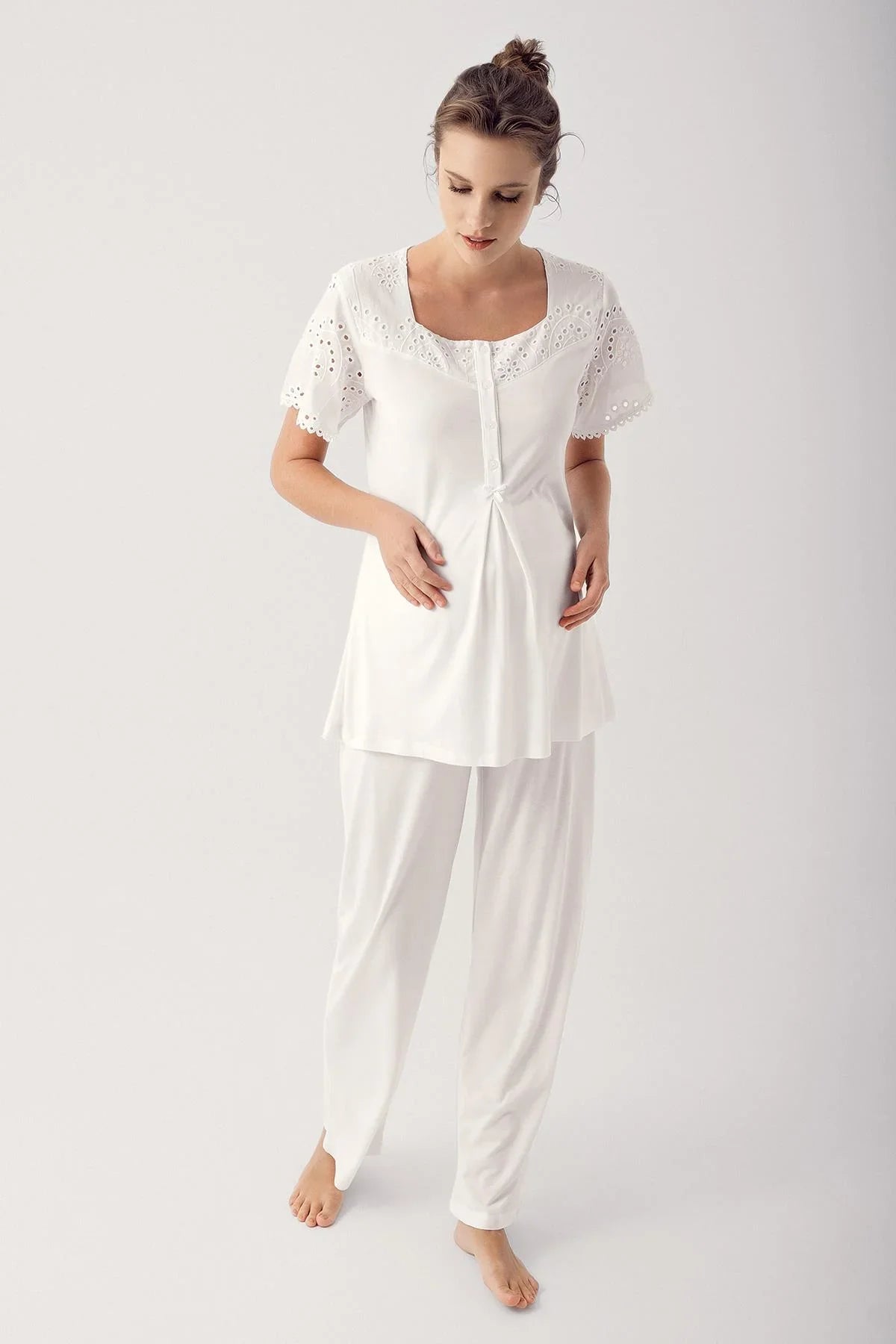 Dantelli Düğmeli Kısa Kollu Esnek Kumaşlı Lohusa Pijama 12305 - Artış Collection