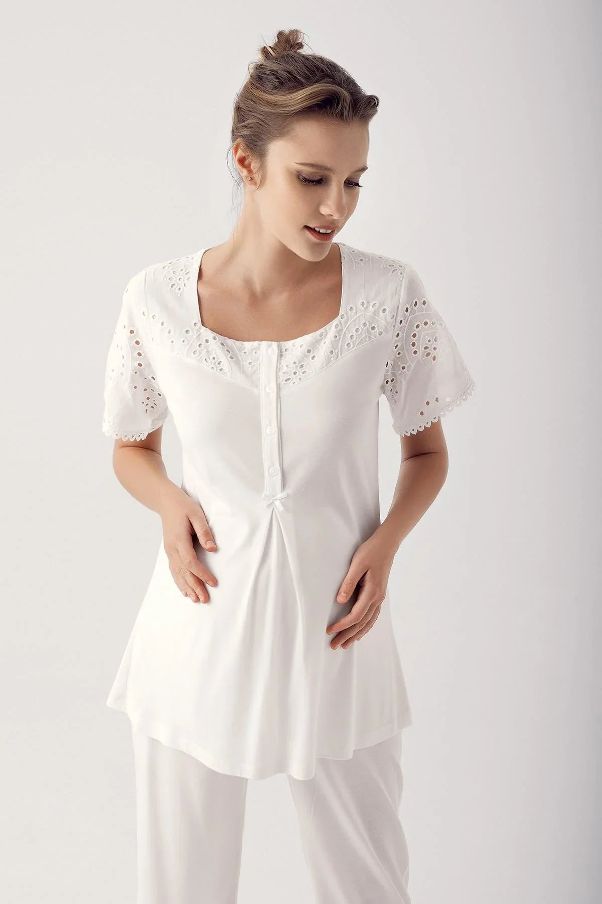 Dantelli Düğmeli Kısa Kollu Esnek Kumaşlı Lohusa Pijama 12305 - Artış Collection