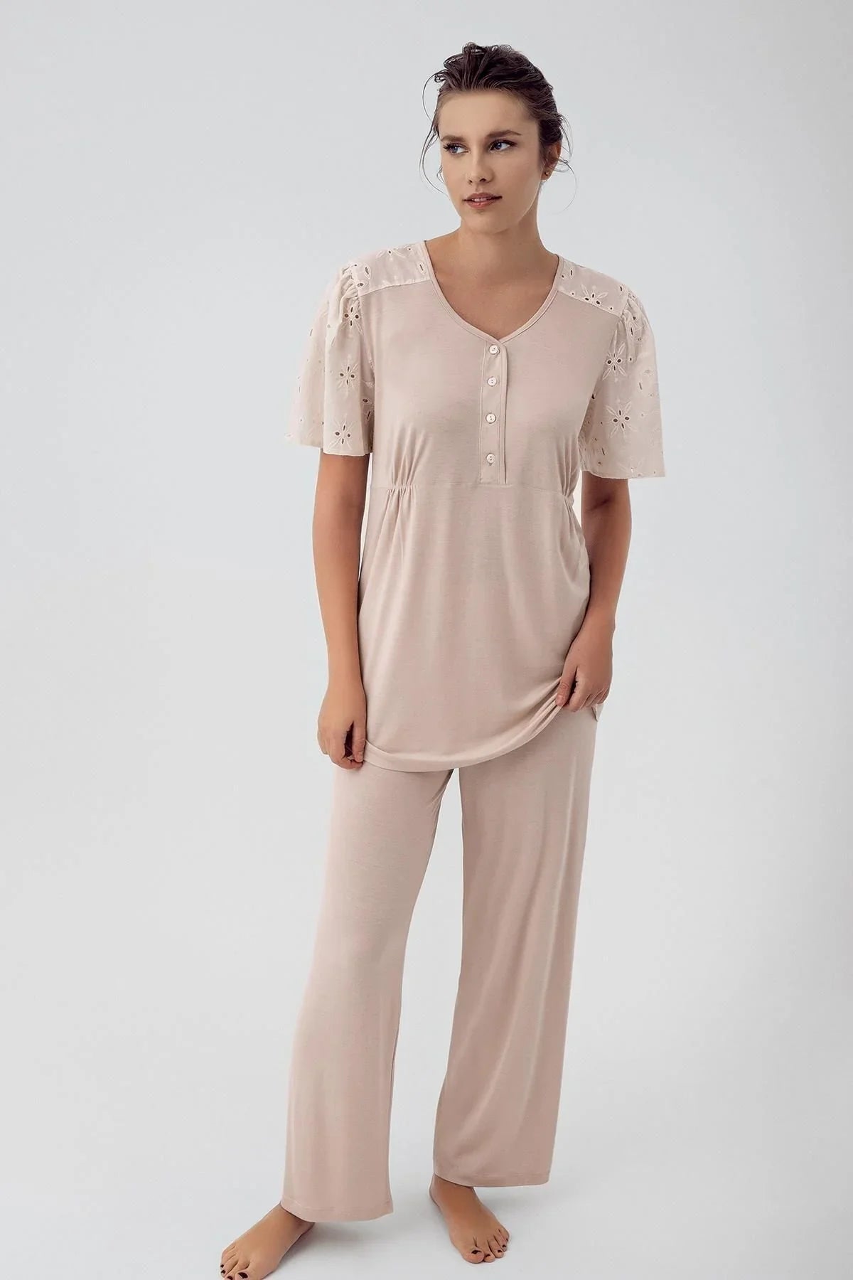 Dantelli Düğmeli Kısa Kollu Esnek Viskoz Hamile Pijama Takımı 16206