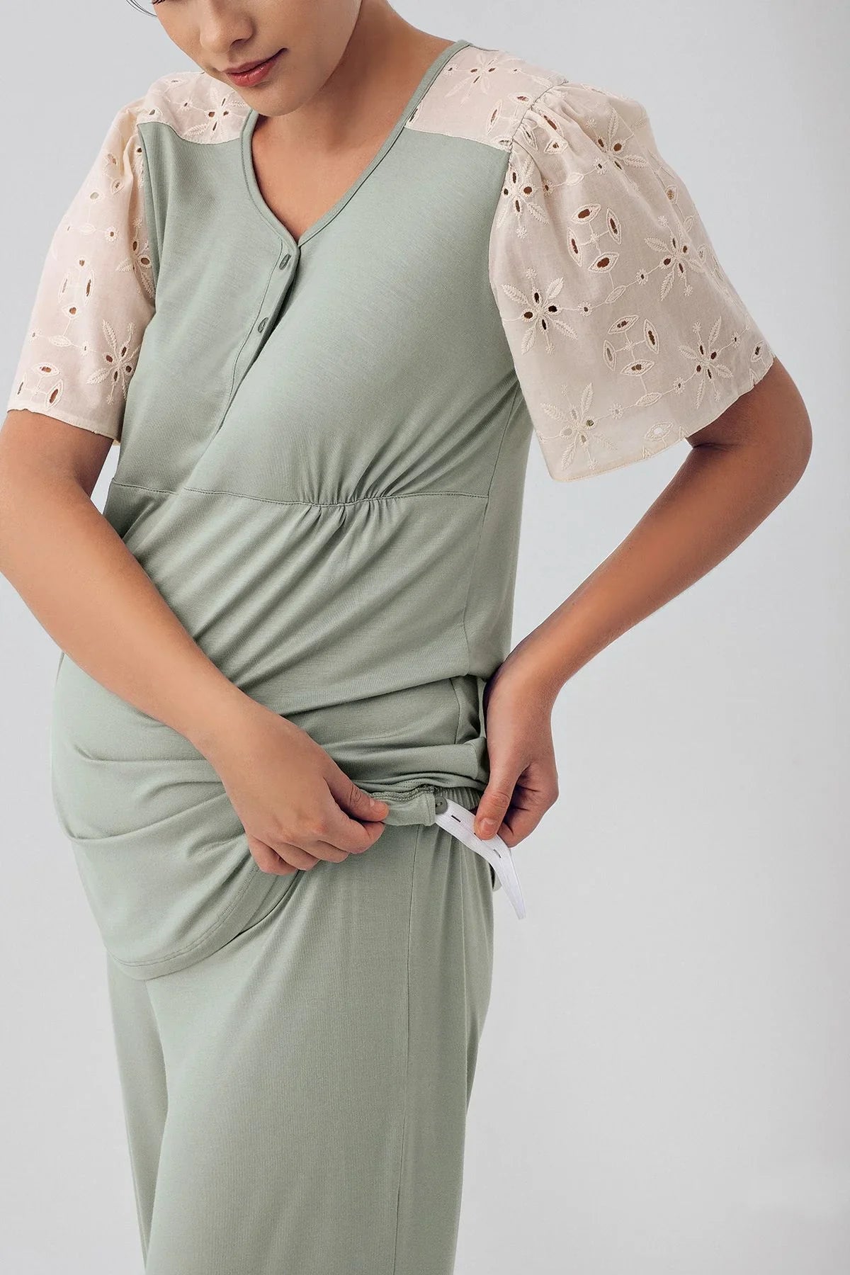 Dantelli Düğmeli Kısa Kollu Esnek Viskoz Hamile Pijama Takımı 16206
