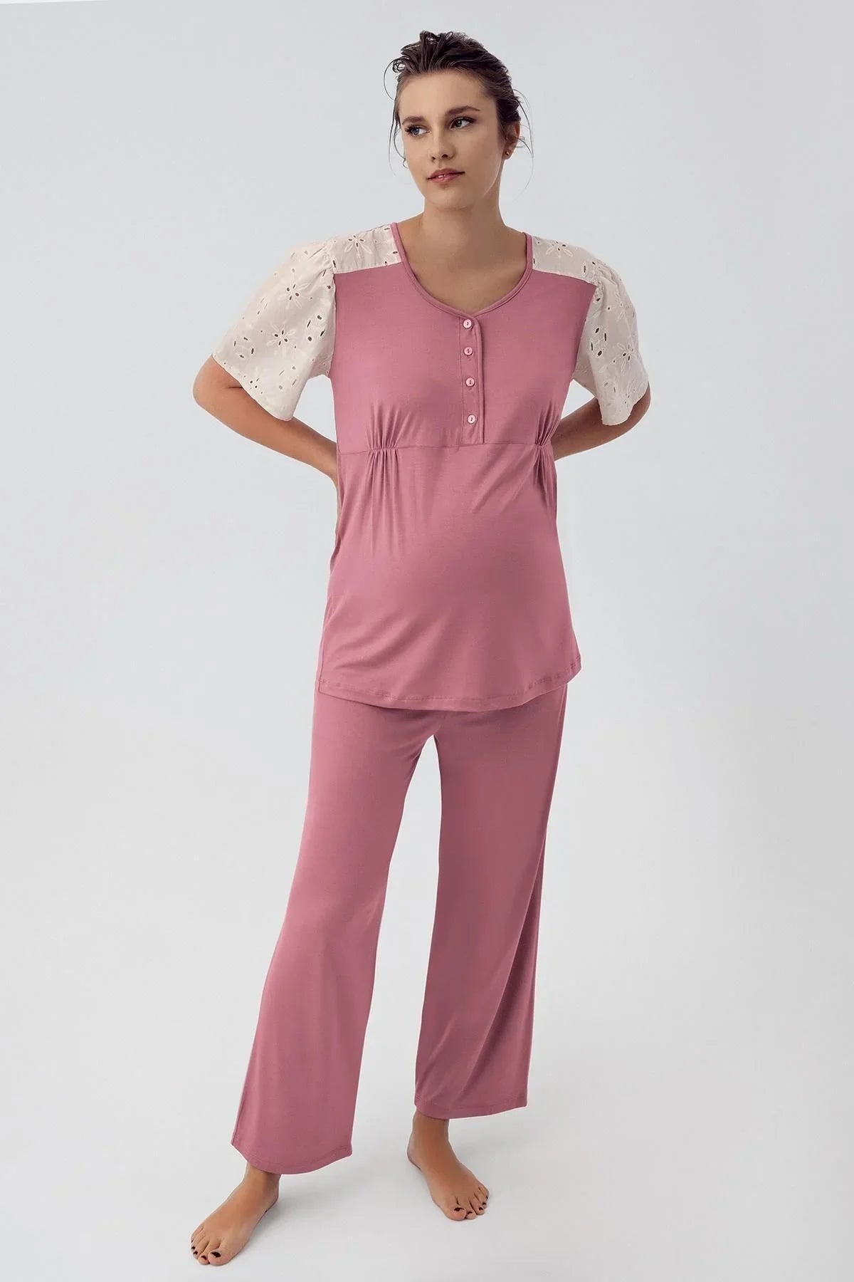 Dantelli Düğmeli Kısa Kollu Esnek Viskoz Hamile Pijama Takımı 16206
