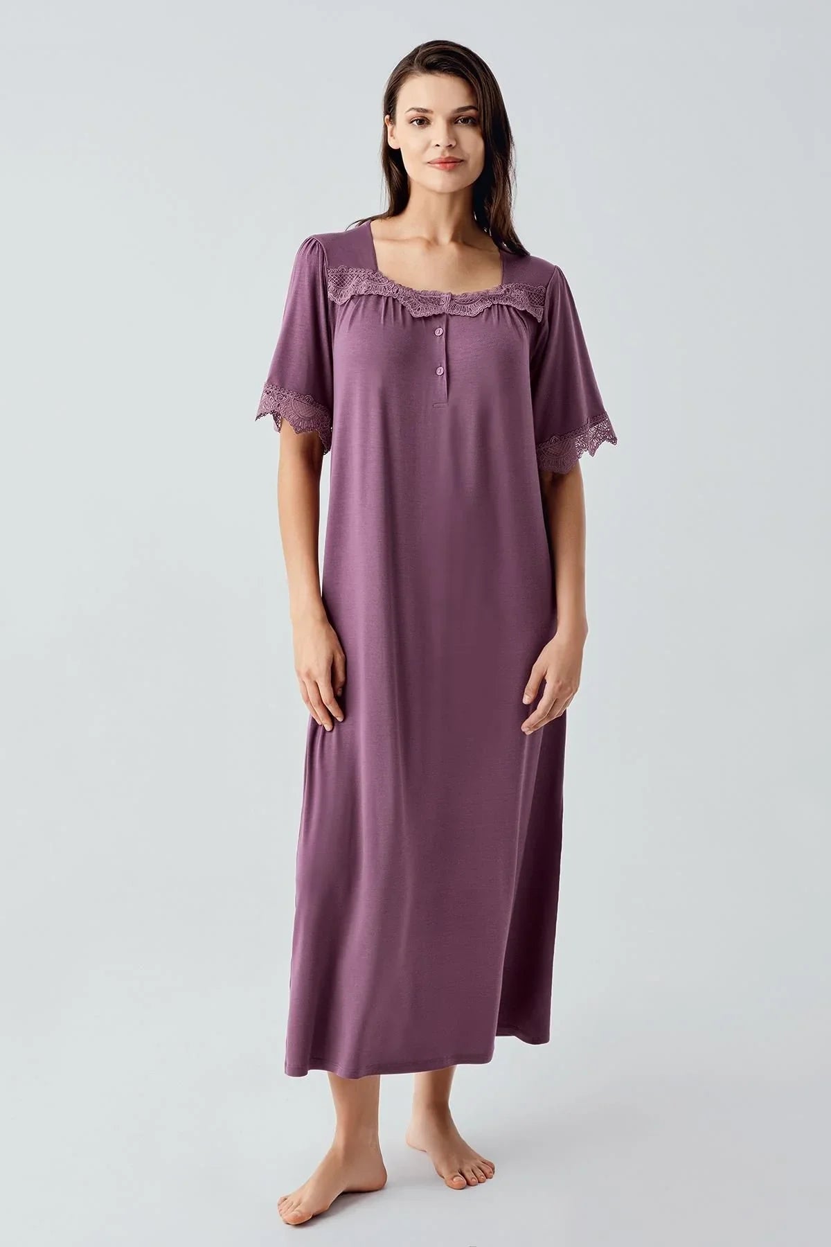 Dantelli Düğmeli Kısa Kollu Esnek Viskoz Uzun Gecelik 17111 - Artış Collection