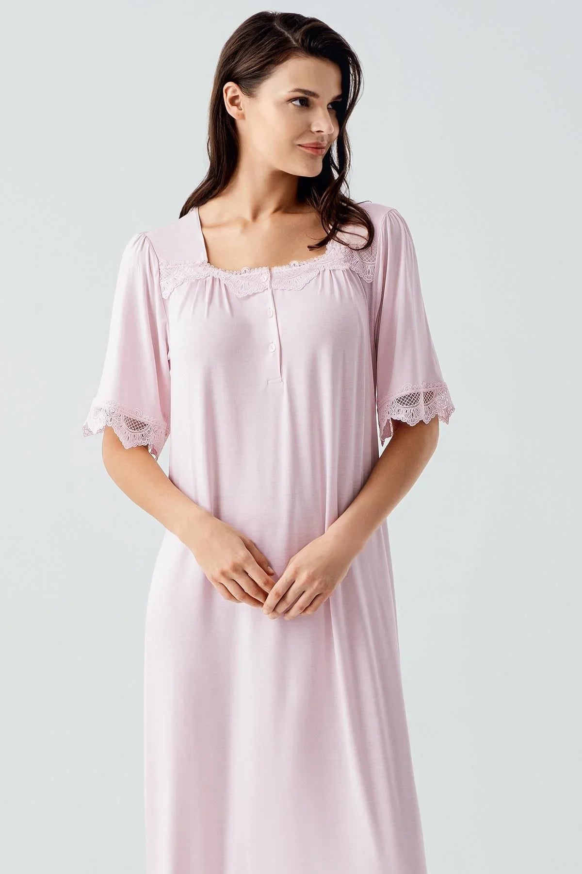 Dantelli Düğmeli Kısa Kollu Esnek Viskoz Uzun Gecelik 17111 - Artış Collection