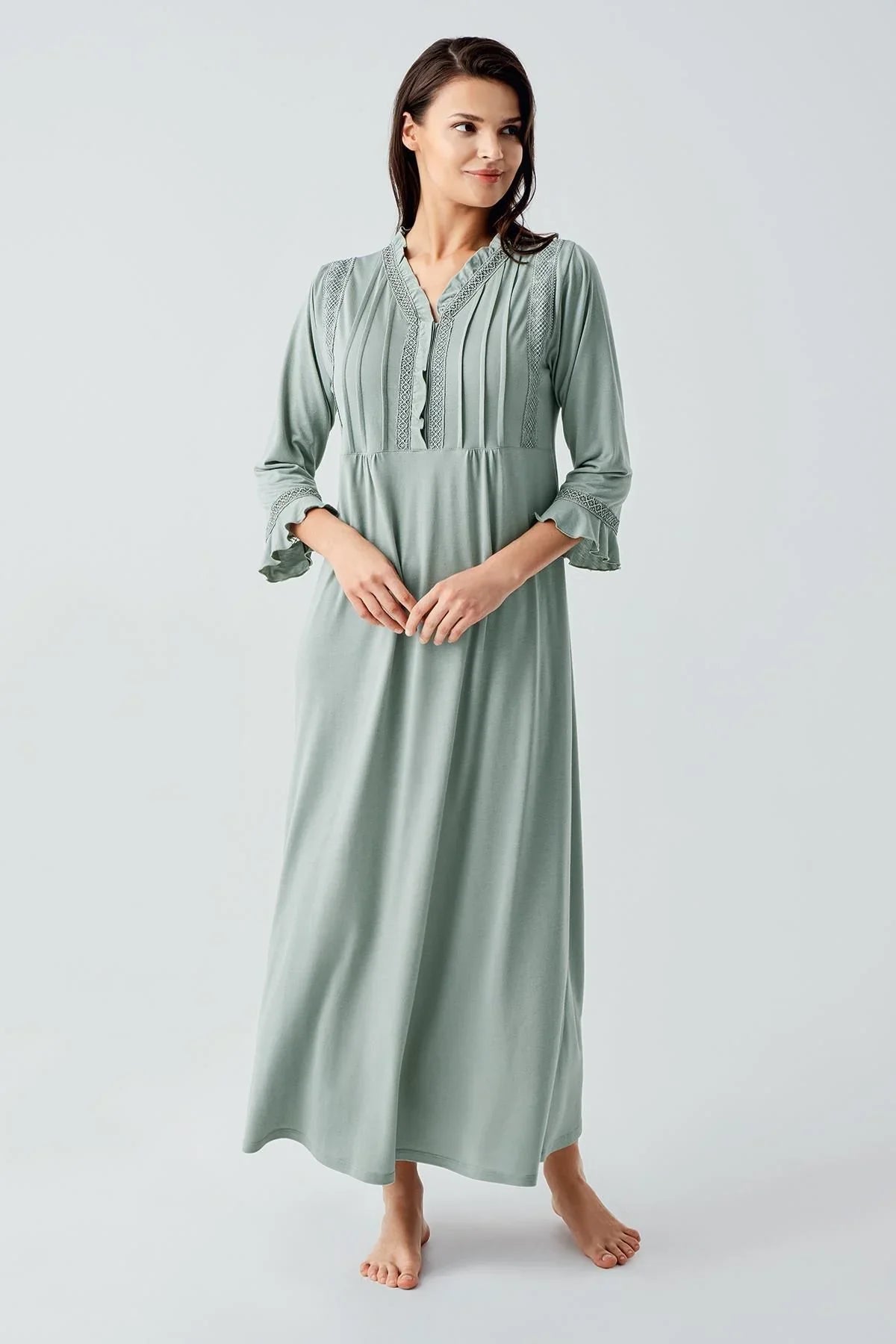 Dantelli Düğmeli Uzun Kollu Esnek Viskoz Gecelik 17110