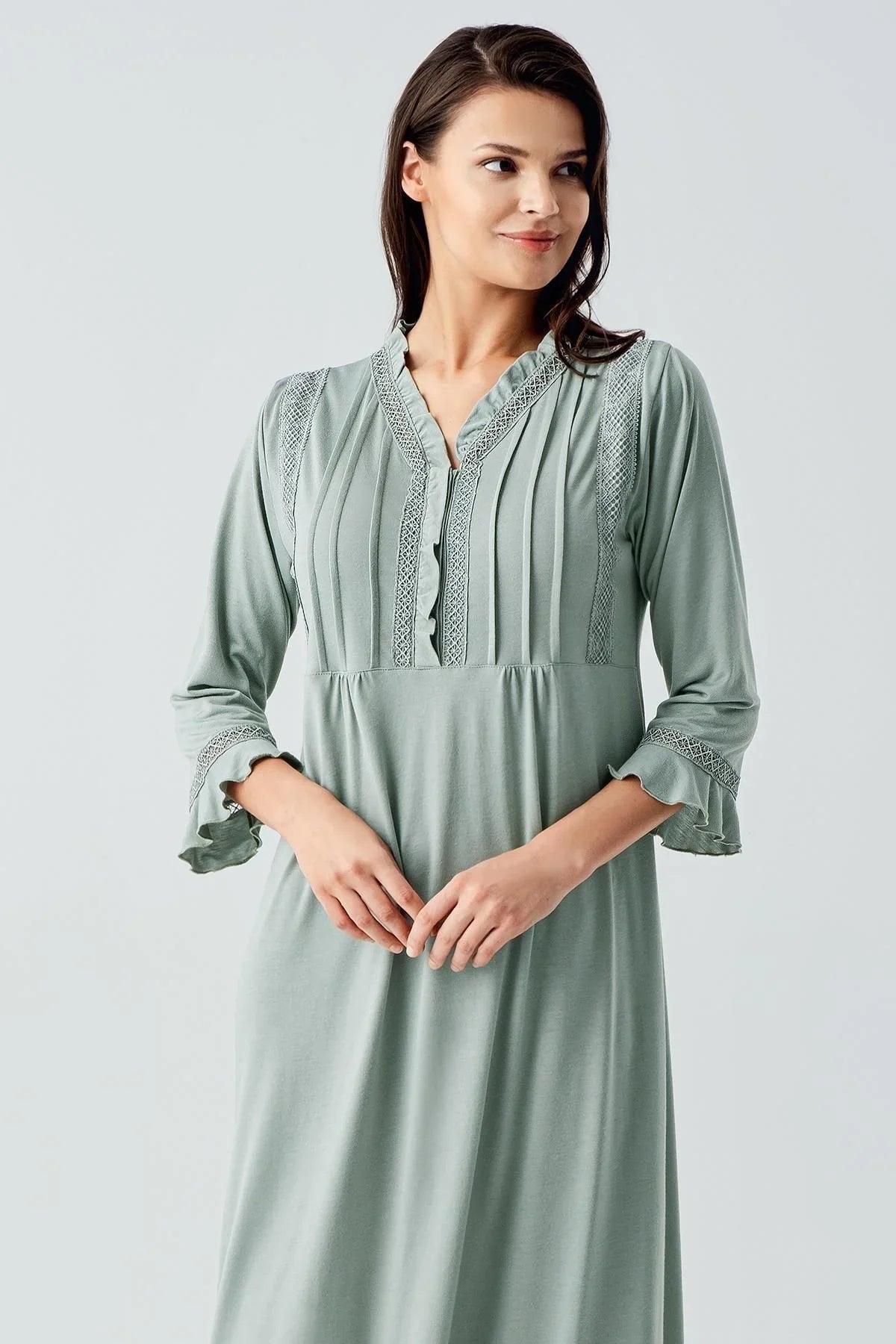 Dantelli Düğmeli Uzun Kollu Esnek Viskoz Gecelik 17110