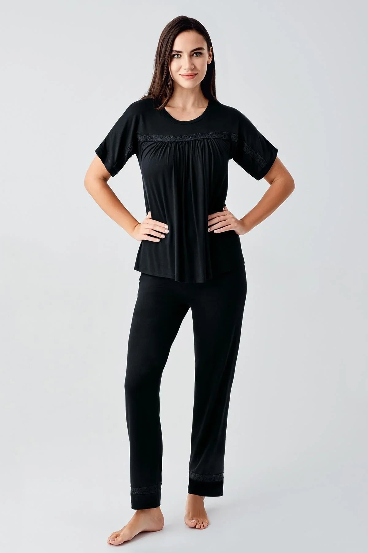 Dantelli Kısa Kollu Esnek Viskoz Pijama Takım 17204 - Artış Collection