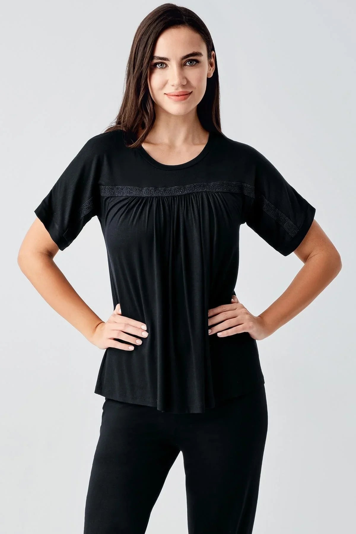 Dantelli Kısa Kollu Esnek Viskoz Pijama Takım 17204 - Artış Collection