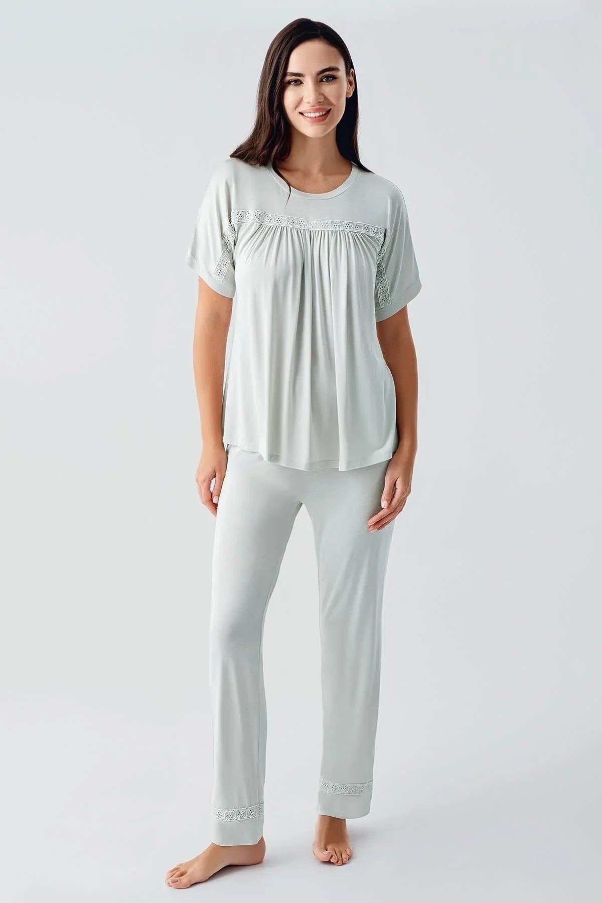 Dantelli Kısa Kollu Esnek Viskoz Pijama Takım 17204 - Artış Collection