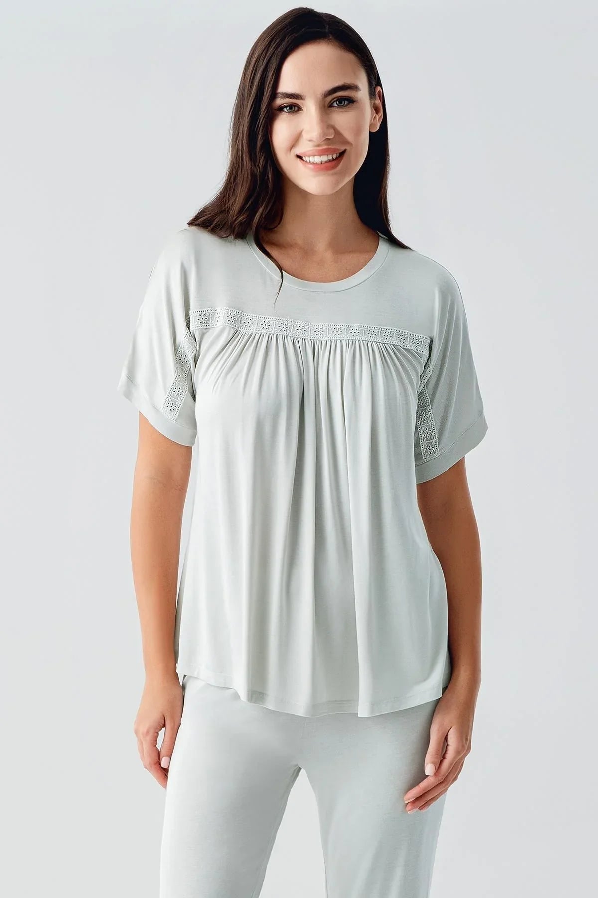 Dantelli Kısa Kollu Esnek Viskoz Pijama Takım 17204 - Artış Collection