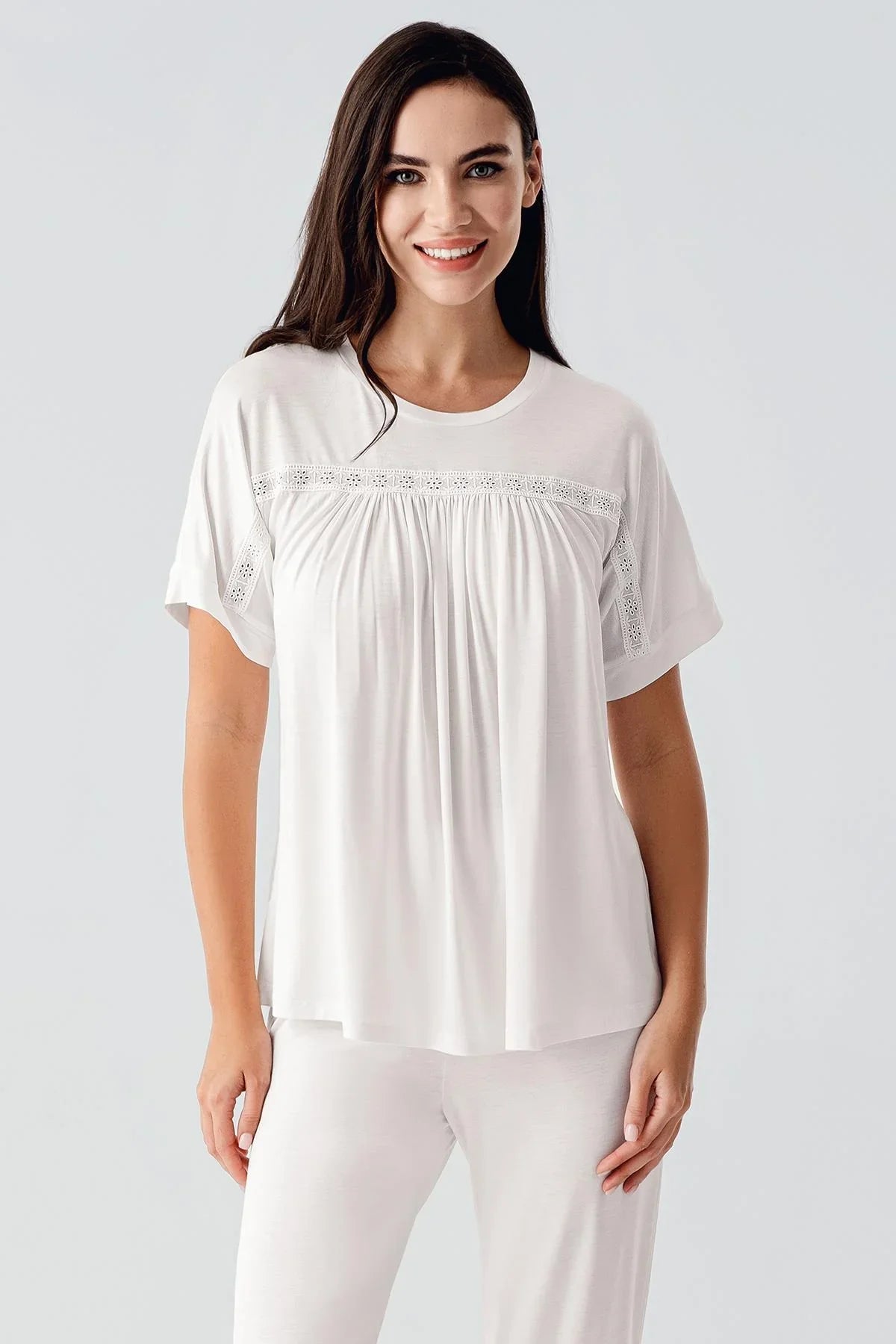Dantelli Kısa Kollu Esnek Viskoz Pijama Takım 17204 - Artış Collection