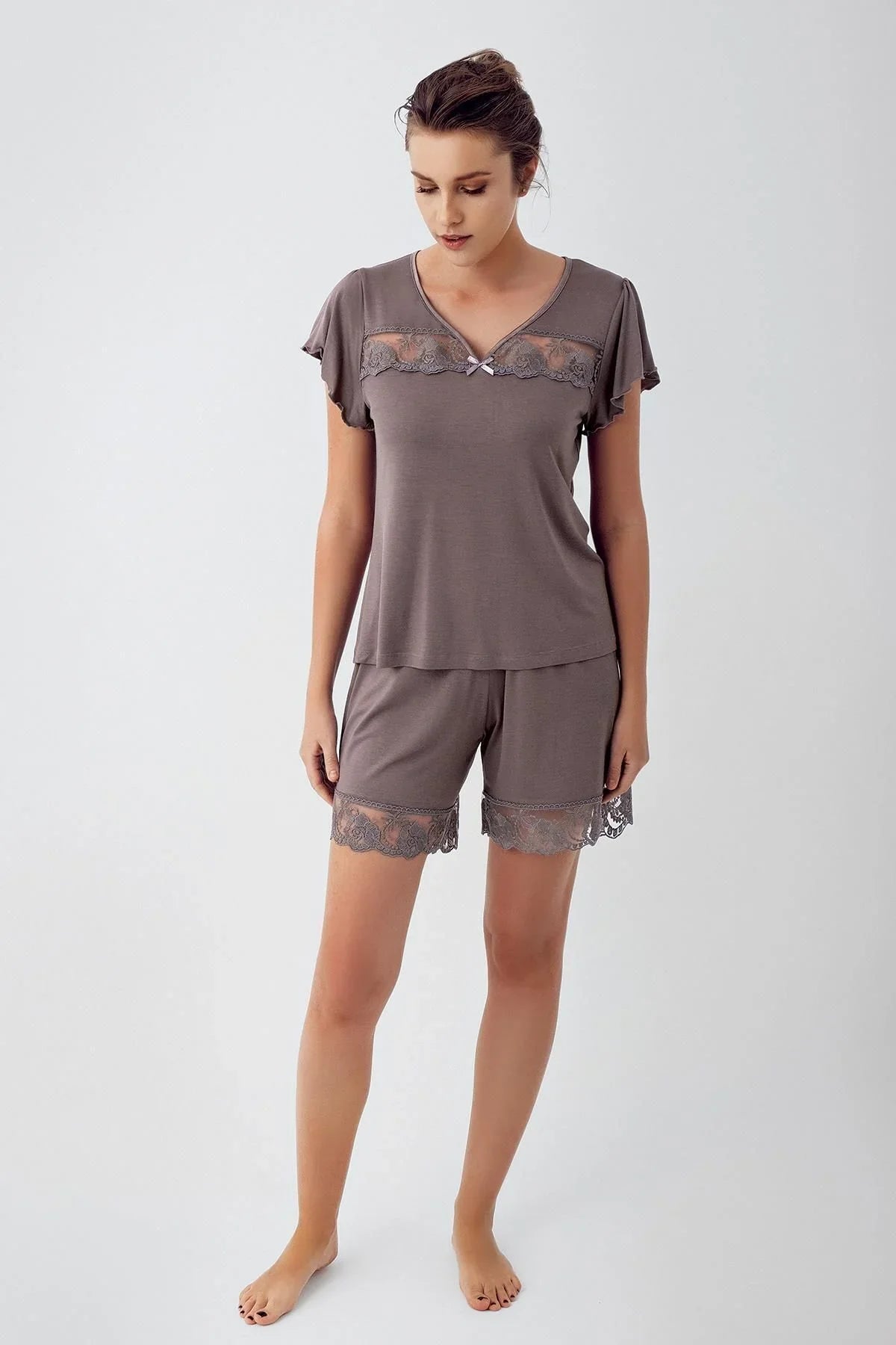 Dantelli Kısa Kollu Esnek Viskoz Şortlu Pijama Takımı 16210 - Artış Collection