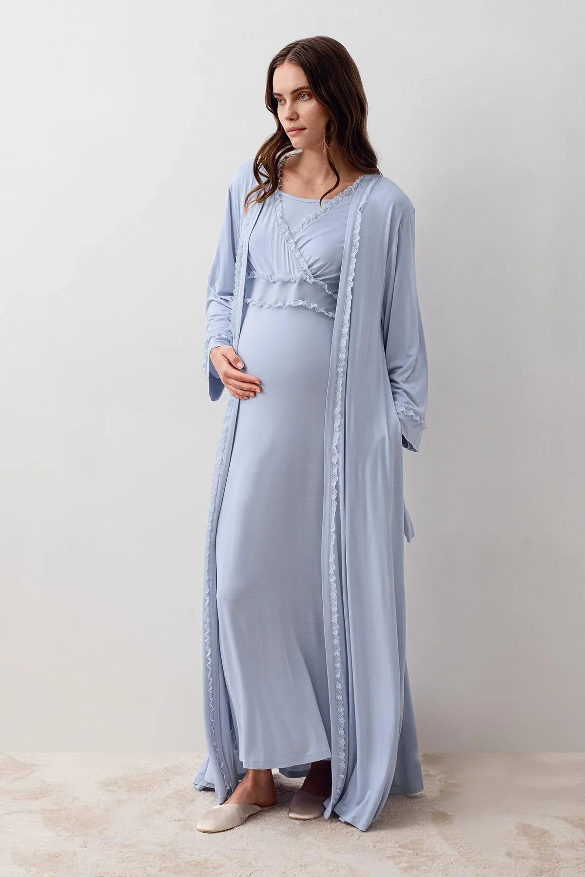 Long Sleeve Lace Lycra Viscose Maternity Nightgown and Robe Set 20401