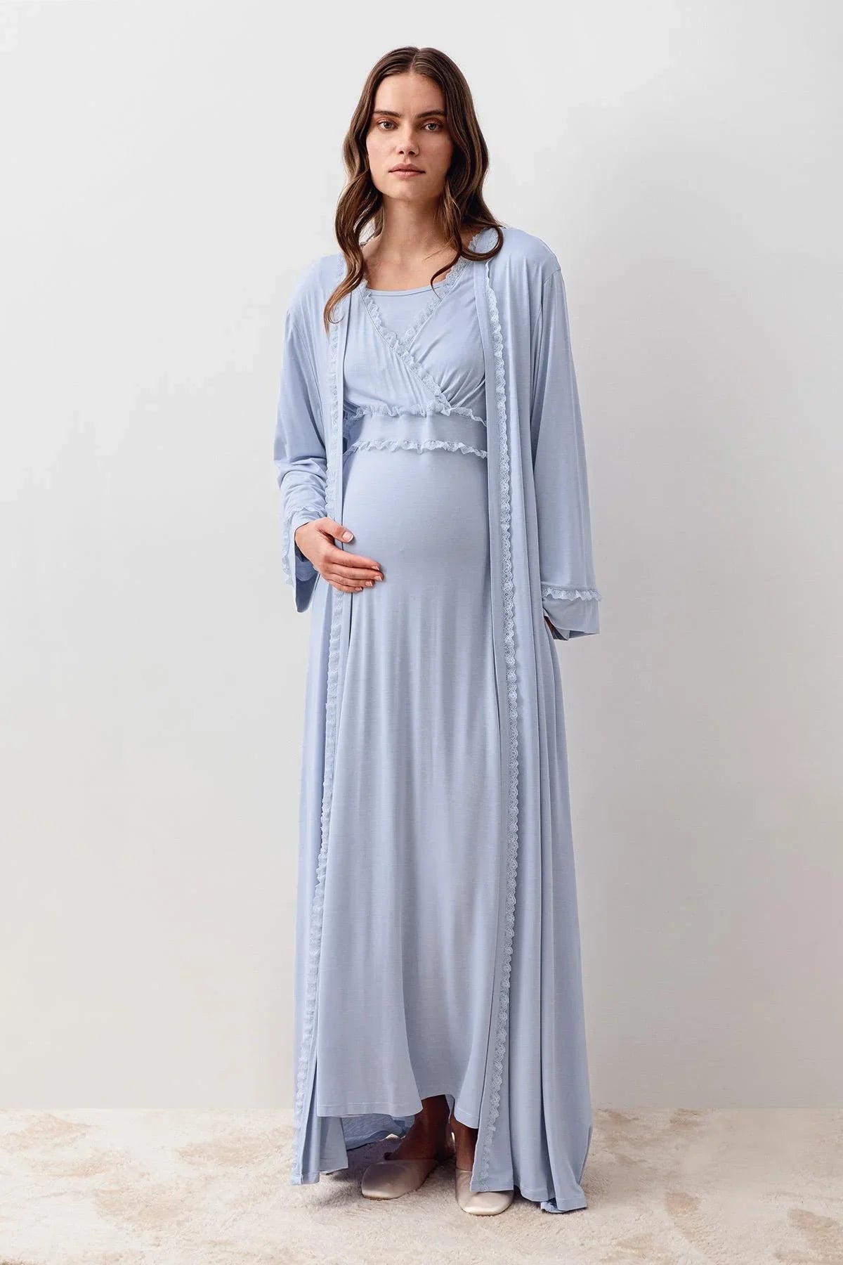 Long Sleeve Lace Lycra Viscose Maternity Nightgown and Robe Set 20401