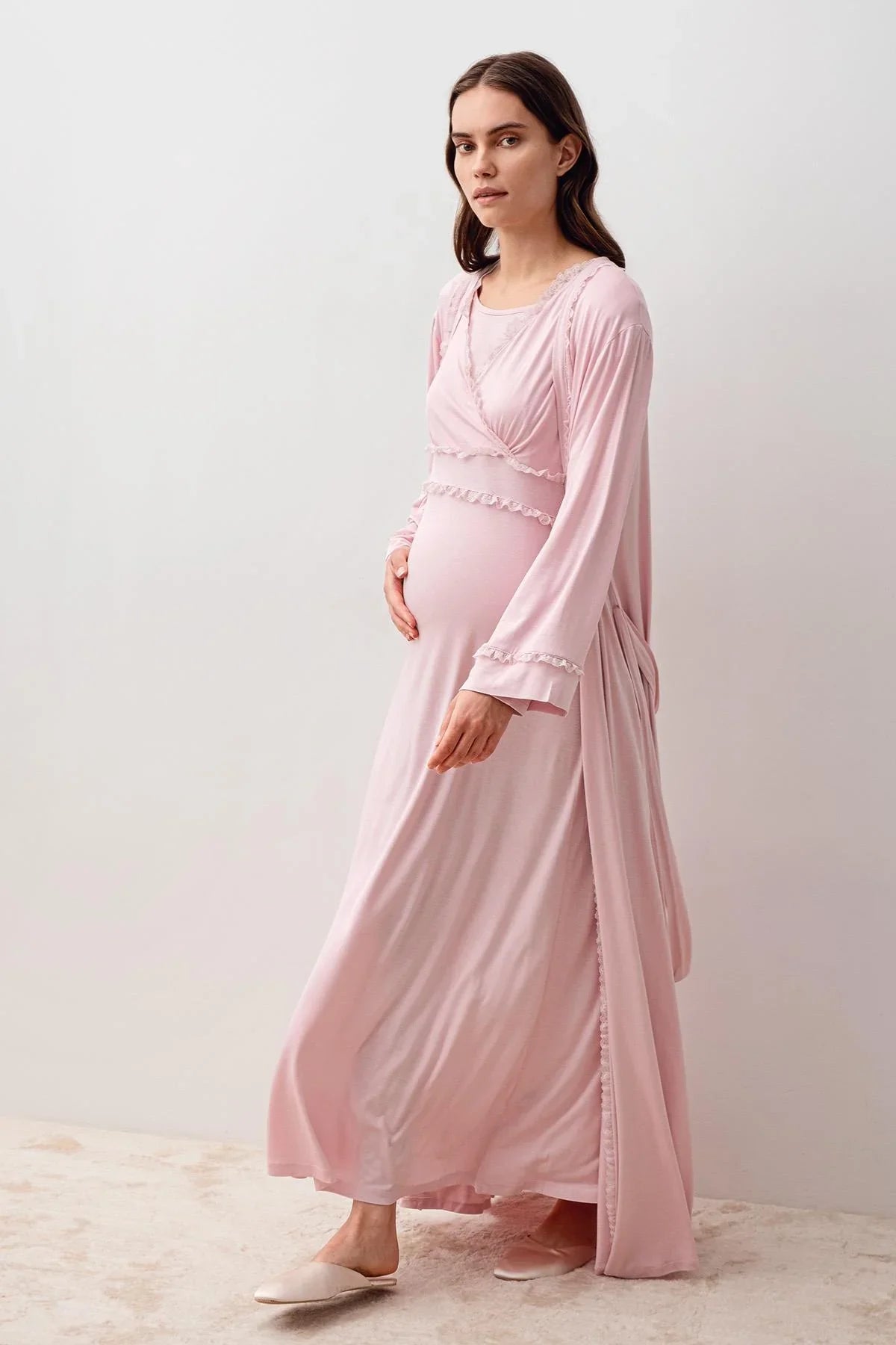 Long Sleeve Lace Lycra Viscose Maternity Nightgown and Robe Set 20401