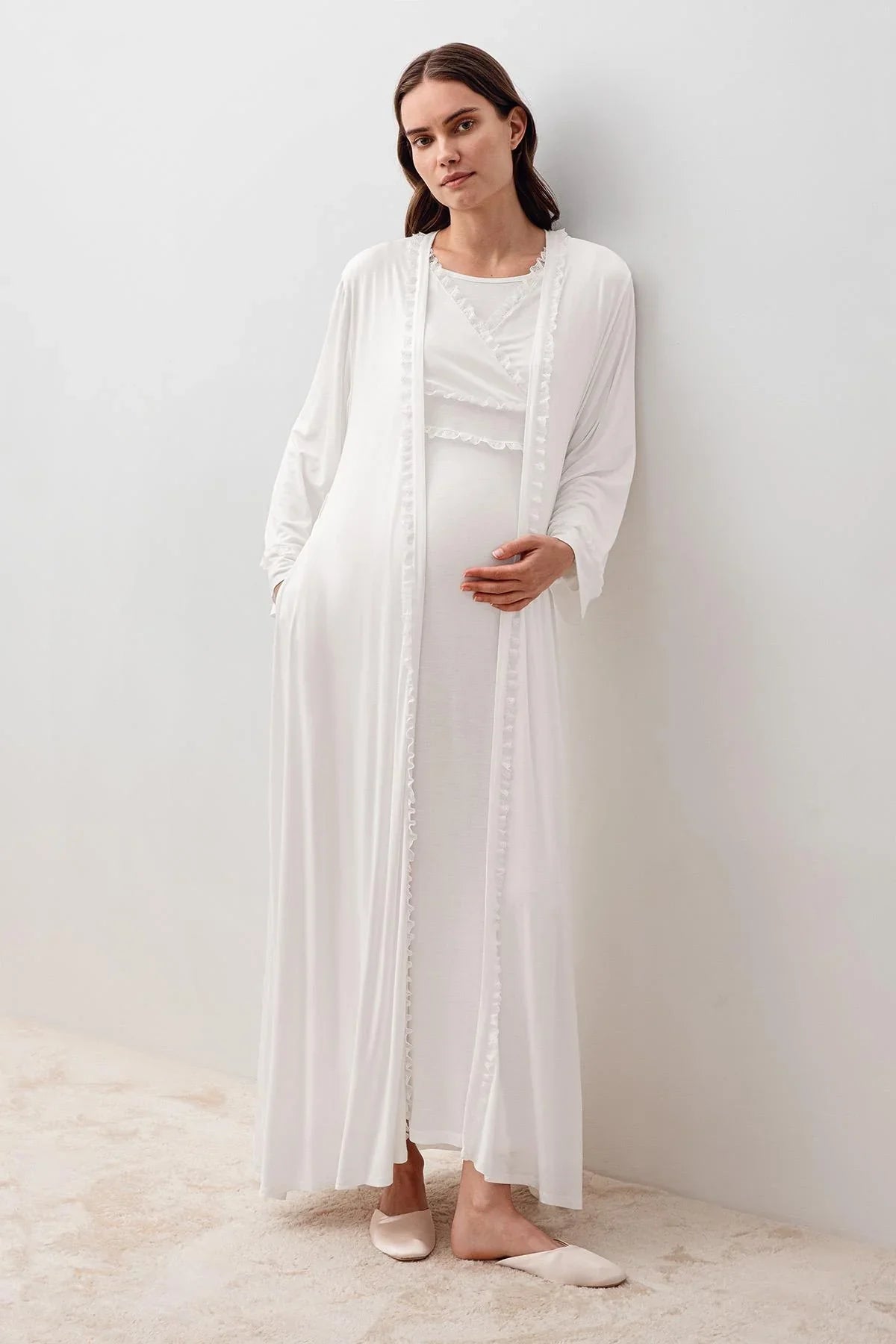 Long Sleeve Lace Lycra Viscose Maternity Nightgown and Robe Set 20401