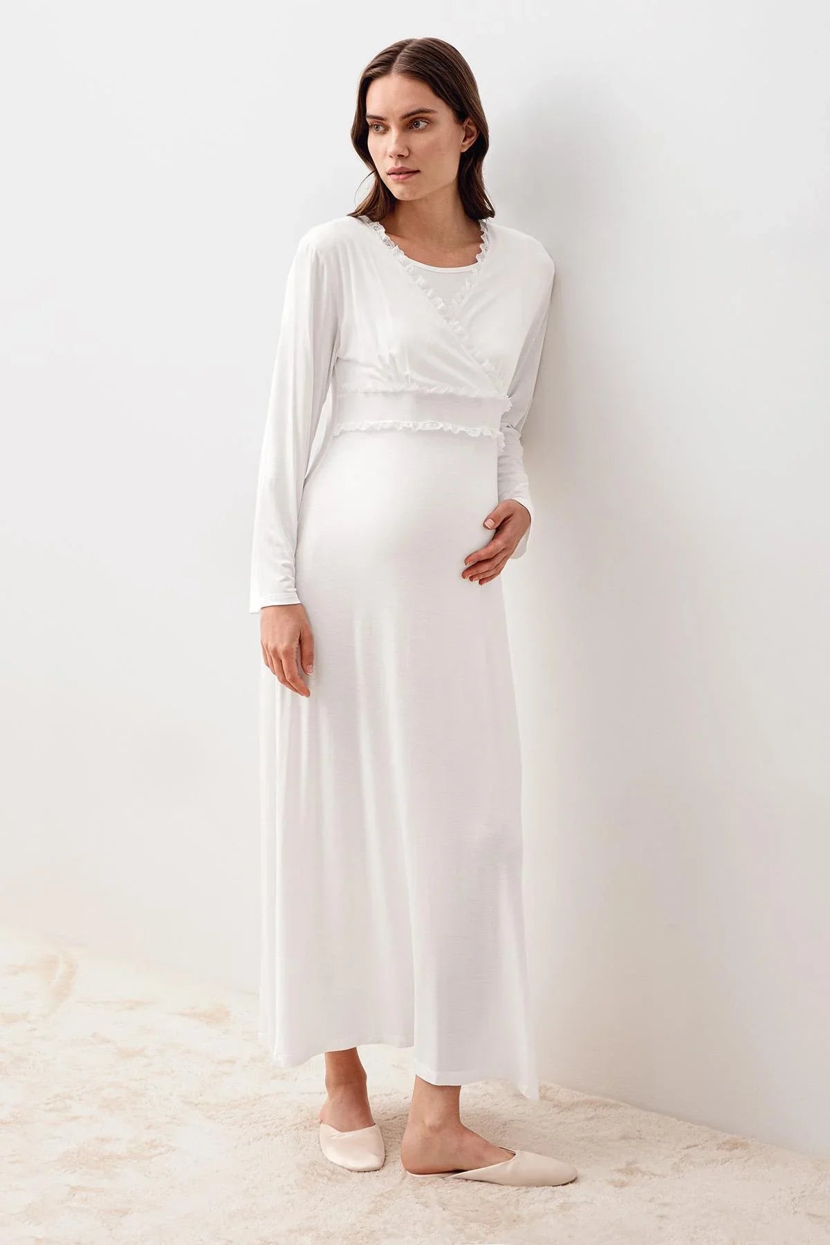Long Sleeve Lace Lycra Viscose Maternity Nightgown and Robe Set 20401