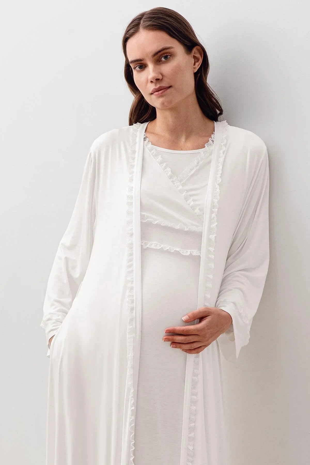 Long Sleeve Lace Lycra Viscose Maternity Nightgown and Robe Set 20401