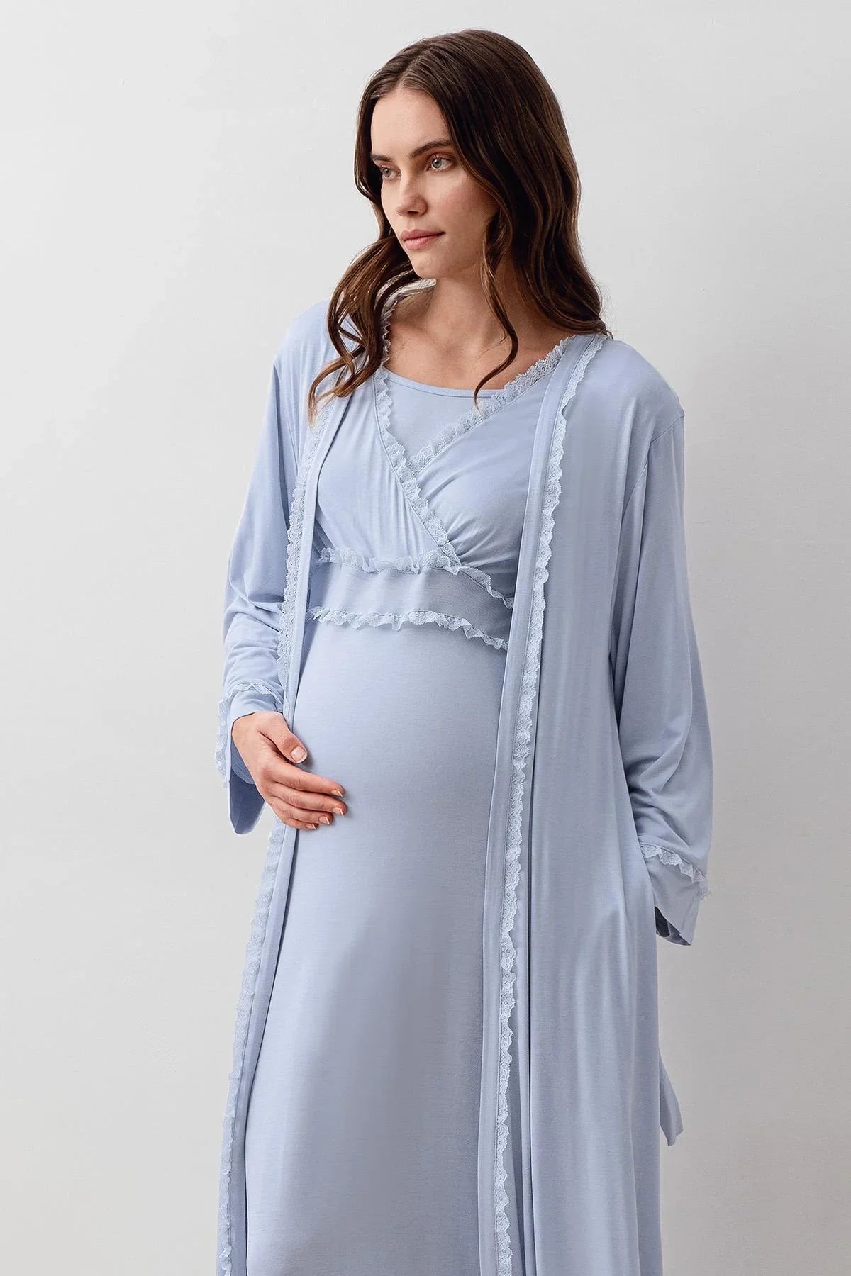 Long Sleeve Lace Lycra Viscose Maternity Nightgown and Robe Set 20401