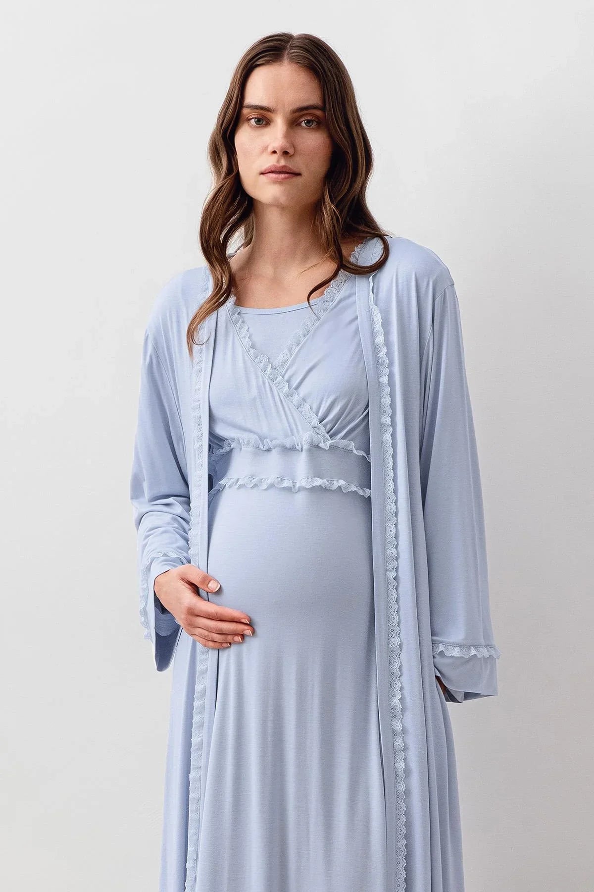 Long Sleeve Lace Lycra Viscose Maternity Nightgown and Robe Set 20401