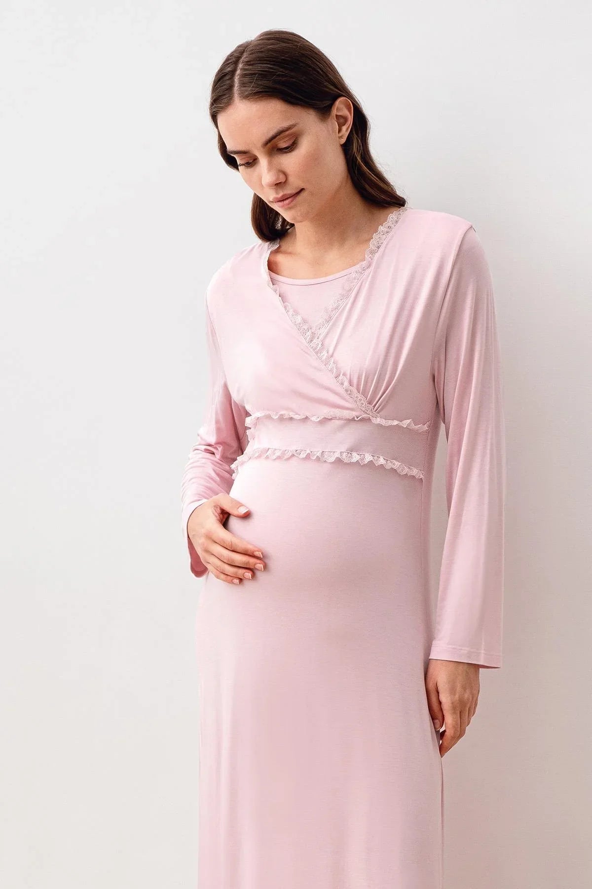 Long Sleeve Lace Lycra Viscose Maternity Nightgown and Robe Set 20401