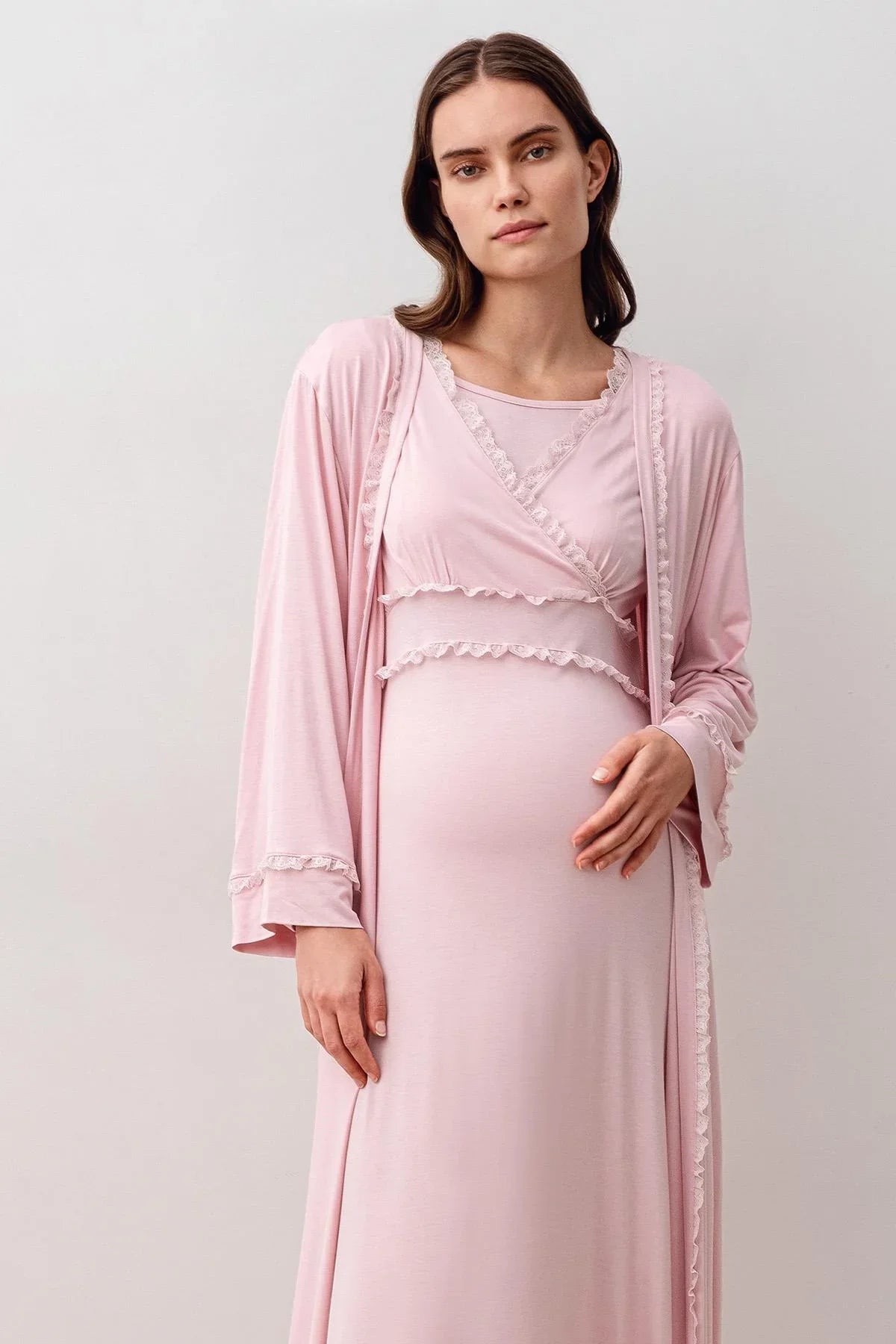 Long Sleeve Lace Lycra Viscose Maternity Nightgown and Robe Set 20401