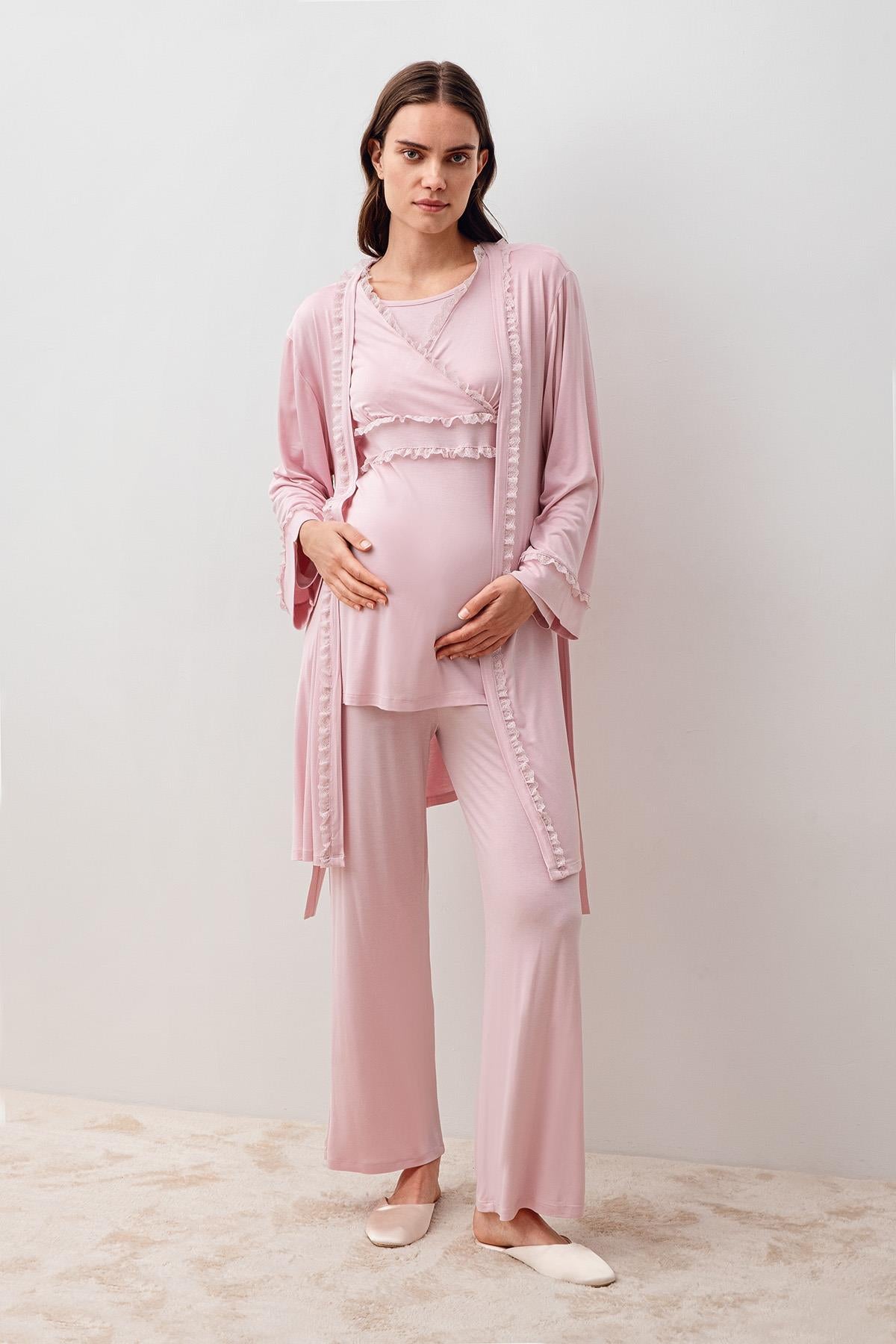 Uzun Kollu Dantelli Likralı Viskoz Hamile Sabahlık Pijama Takım 20301