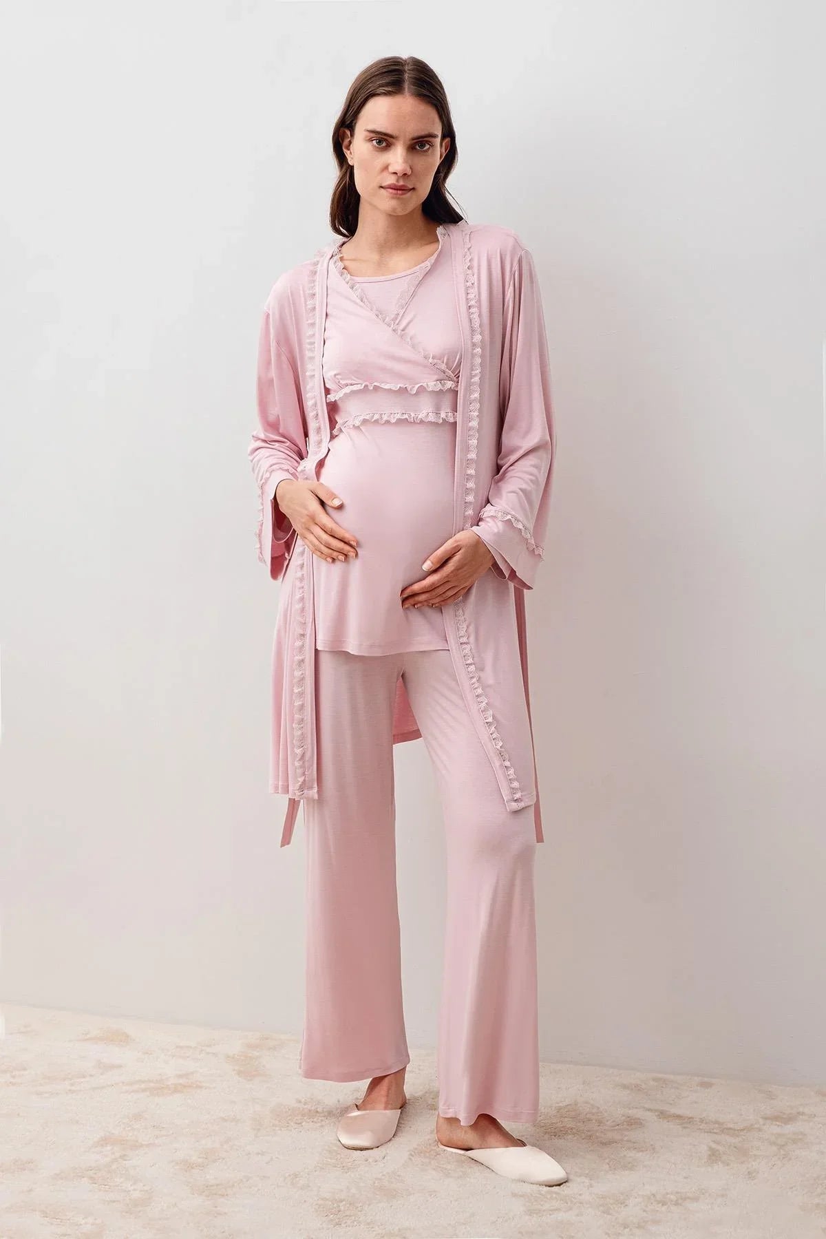 Uzun Kollu Dantelli Likralı Viskoz Hamile Sabahlık Pijama Takım 20300 - Artış Collection