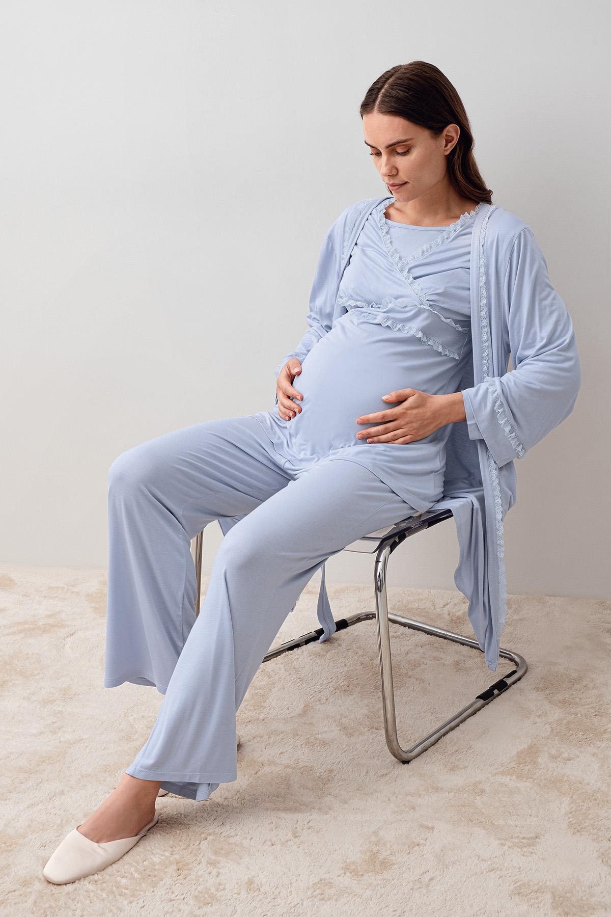 Uzun Kollu Dantelli Likralı Viskoz Hamile Sabahlık Pijama Takım 20301